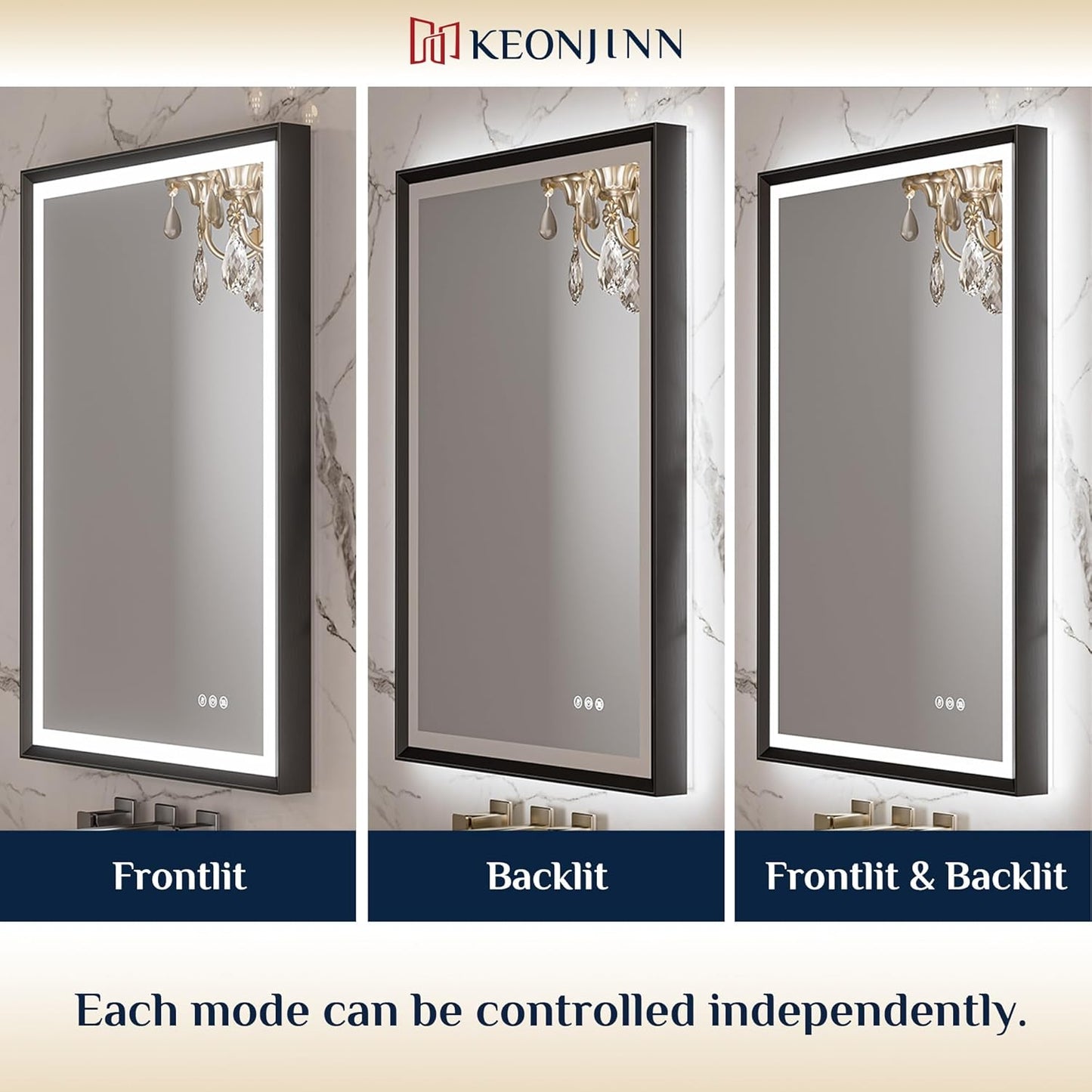 Keonjinn Black LED Mirror for Bathroom 40 x 32 Inch with Frontlit & Backlit, Metal Frame Mirror with Stepless 3-Color Lights, Antifog Dimmable, UL-Listed Driver,Tempered Glass(Horizontal/Vertical)