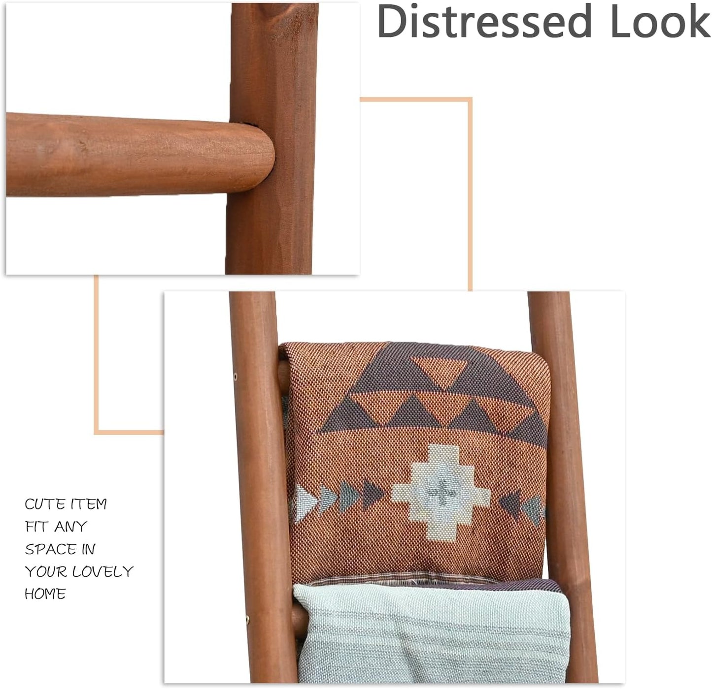 FUIN 57in Wood Blanket Ladder Living Room Decorative Wall Leaning Farmhouse Quilt Display Holder Rustic Wooden Towel Rack for Bathroom, Dark Brown