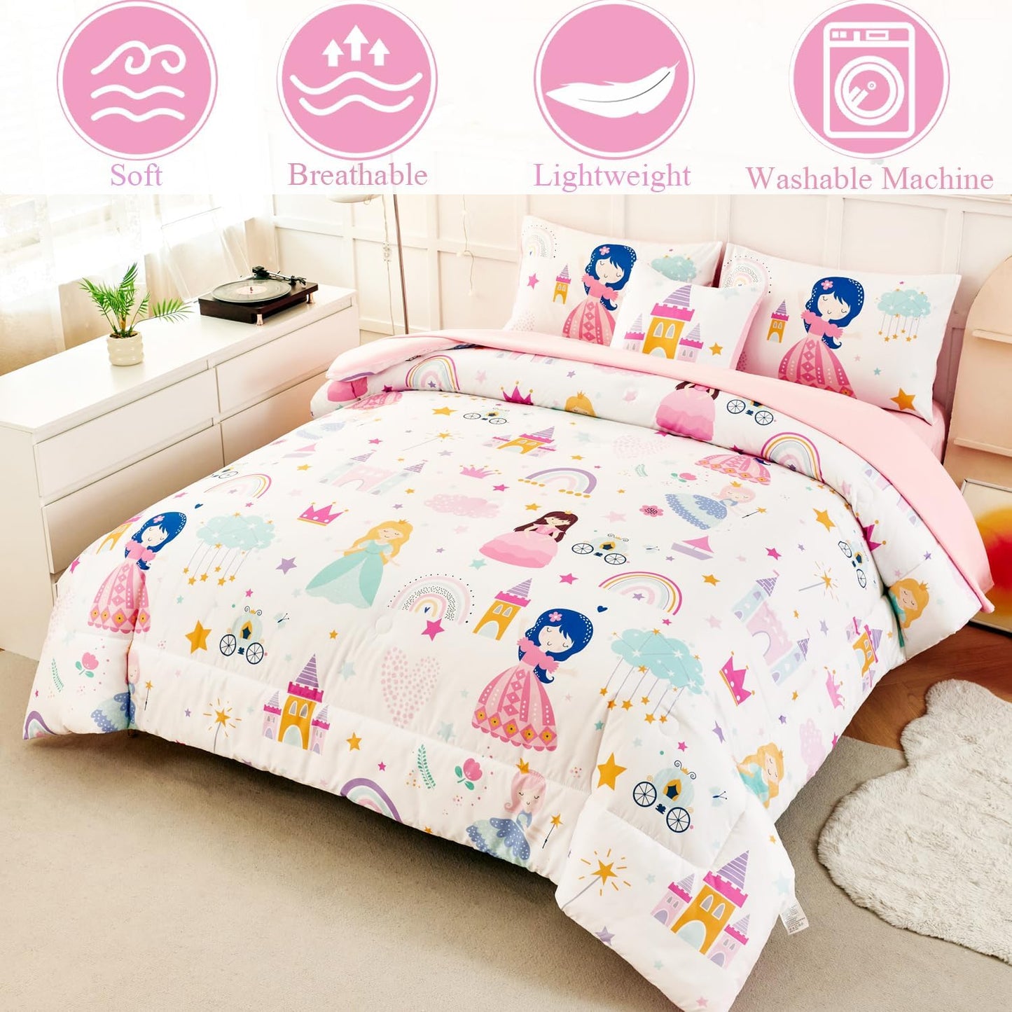 ANGIYUIN Princess Fairy Tales Bedding Set Queen Cartoon Rainbow Love Kids Bed in A Bag with Sheets Cute and Soft Bedding Comforter Set for All Season(Princess, Rainbow, Castel, White)
