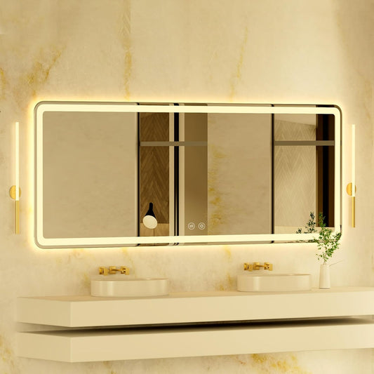 84''x32'' LED Mirror for Bathroom with Backlit + Frontlit, Large Lighted Vanity Mirror for Bathroom Wall with 3 Colors, Stepless Dimmable, Anti-Fog, Smart Bathroom Mirror with LED Lights
