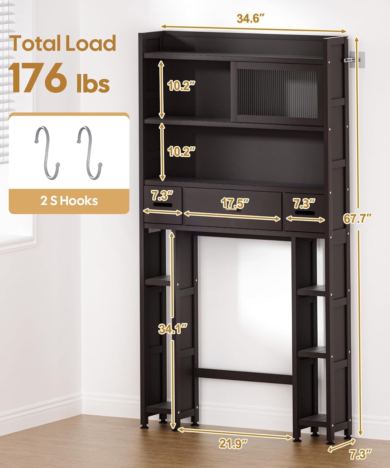 Over The Toilet Storage Cabinet with Acrylic Sliding Door Panel, Bamboo Organizer Shelf with 2 Paper Drawers and 1 Big Drawer,Space Saver Rack for Bathroom (Brown)