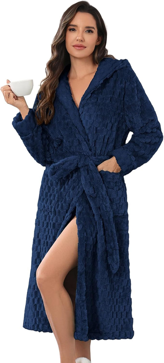 Ekouaer Womens Plush Robes Long Soft Jacquard Fluffy Bathrobe Hooded Robe Sleepwear with Pockets