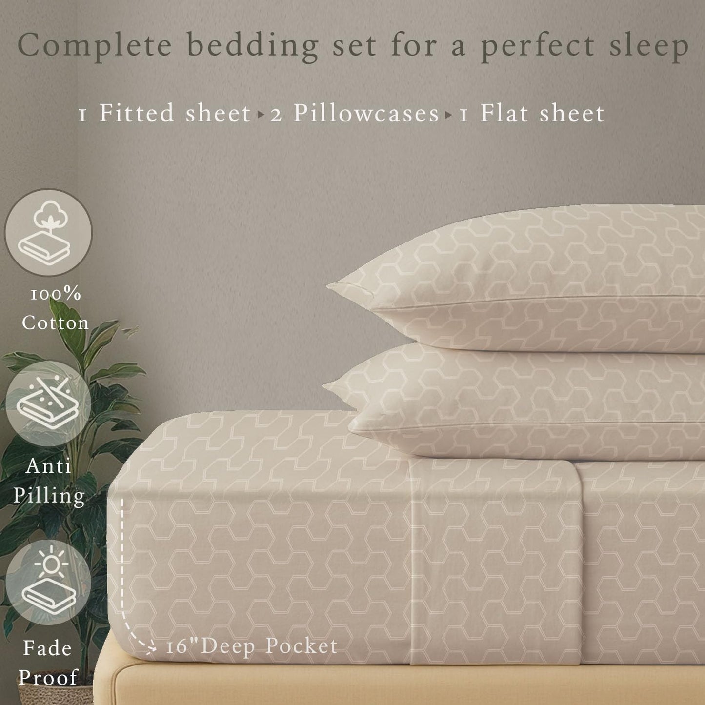 Threadmill Cotton Full Size Sheet Set | 500 Thread Count 100% Cotton Sheets for Full Size Bed | Damask Jacquard Full Bed Sheets Set 16” Deep Pocket | Soft Sateen 4-Piece Cooling Bedding Set | Beige