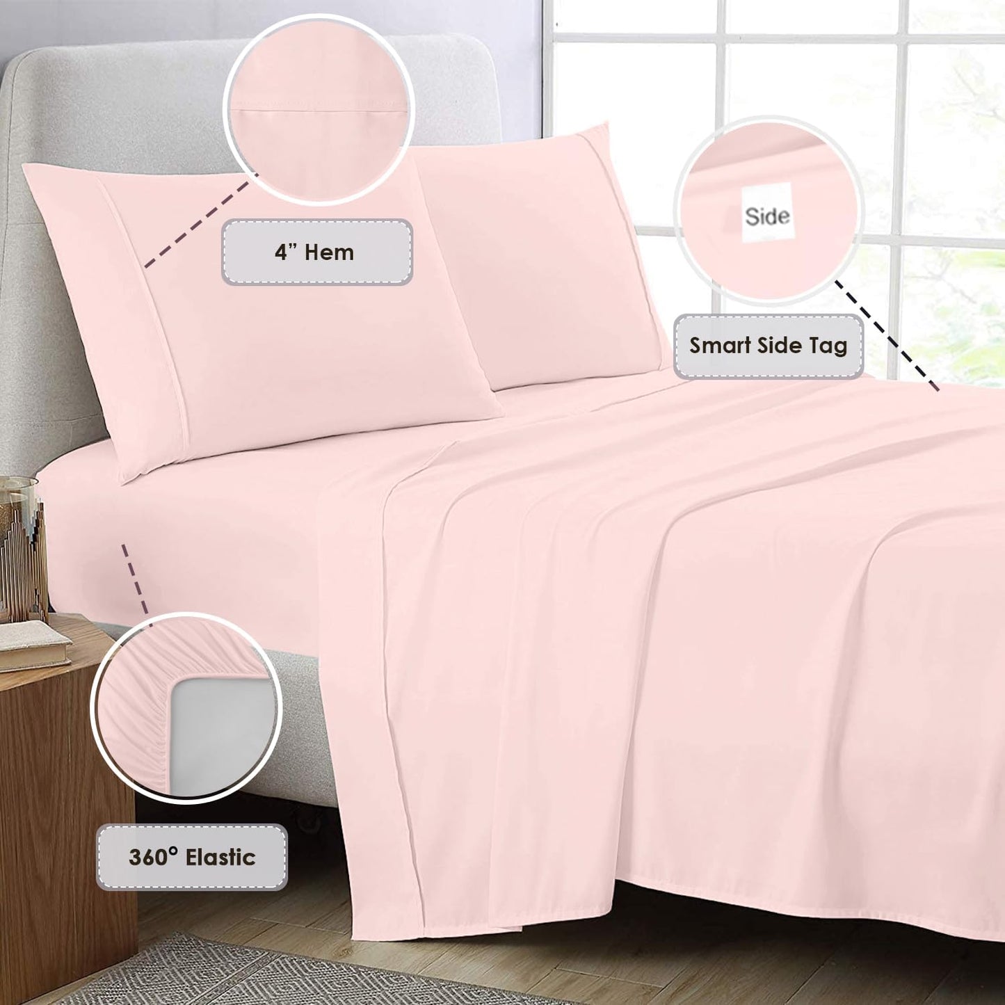 Pizuna Pure 100% Cotton Crisp Sateen Sheets - Full Size, Long Staple, 800 Thread Count, 15" Deep Pocket (Combed Light Pink Cotton Sheets)