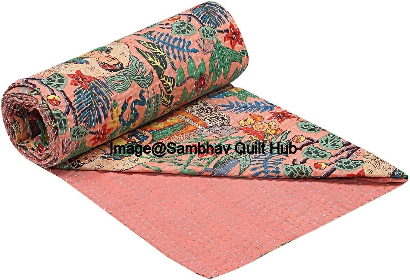 Floral Printed Cotton Quilted Blanket Indian Handmade Bedspread Kantha Work Bohemian Bed Decor Throw Blanket Twin/King/Queen (60X90 inches)