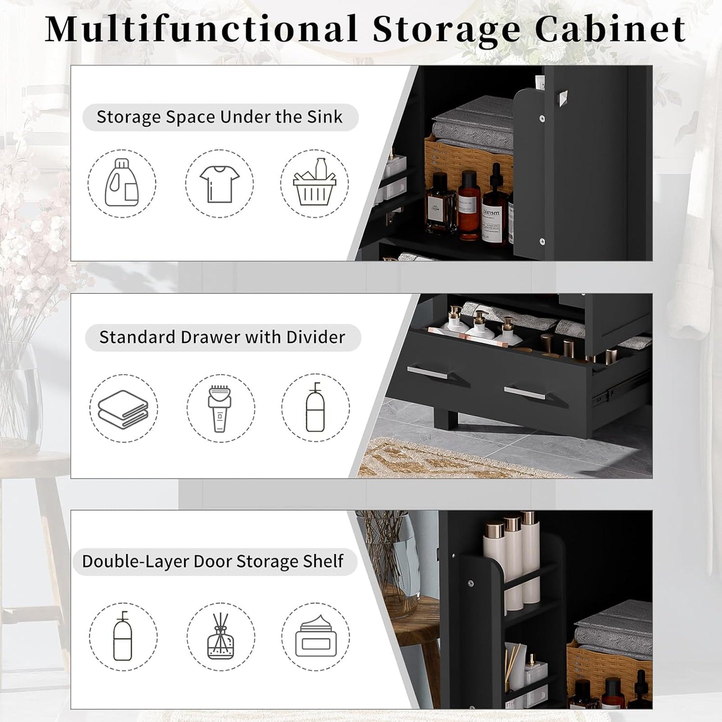 24" Bathroom Vanity with Sink Combo Set, Solid Wood Frame Bathroom Storage Cabinet with 2 Drawers and 1 Drawer, Double-layer Door Shelf, Soft Closing Cabinet Door with Organizer, Black