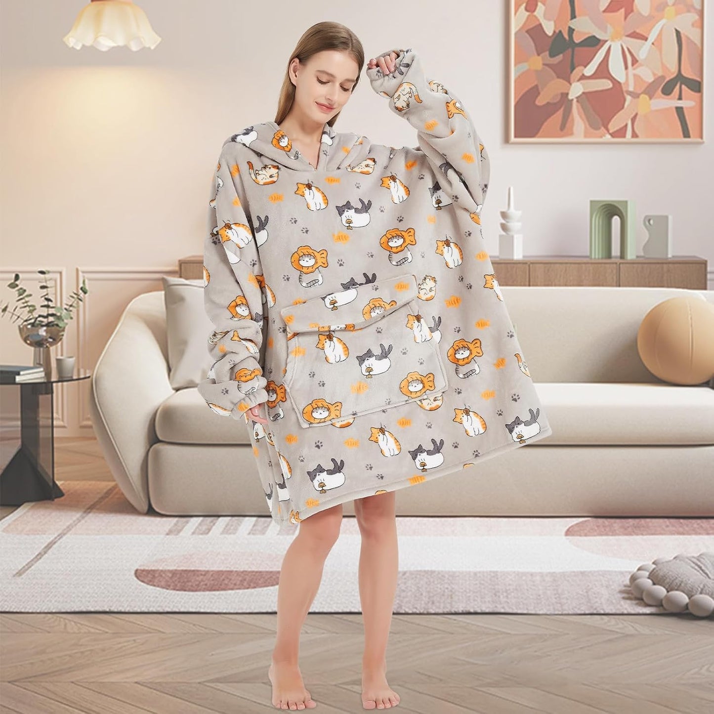 Wearable Blanket Hoodie for Adult,Oversized Sherpa Fleece Blanket Hoodie for Women Men,Cat