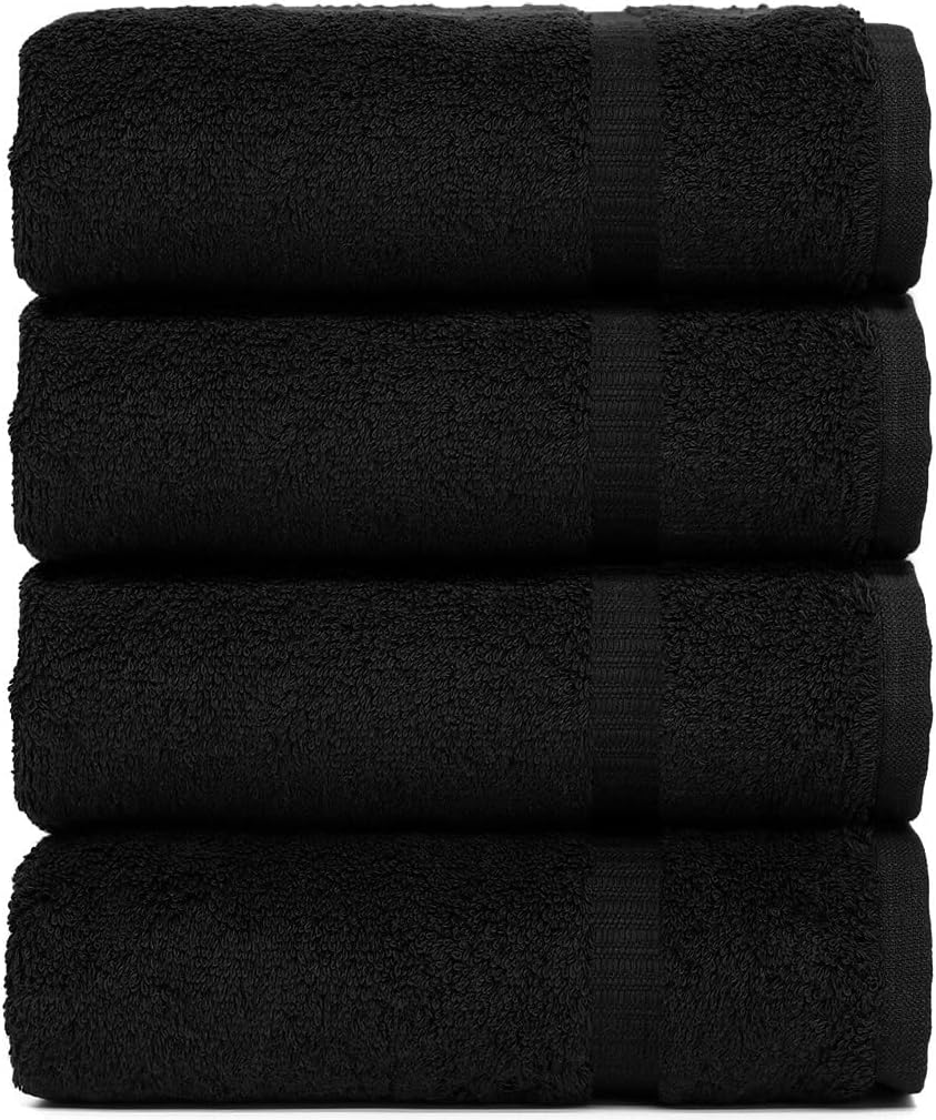 Luxury Hotel & Spa Ultra Soft Hand Towels 100% Turkish Cotton - Black - Set of 4