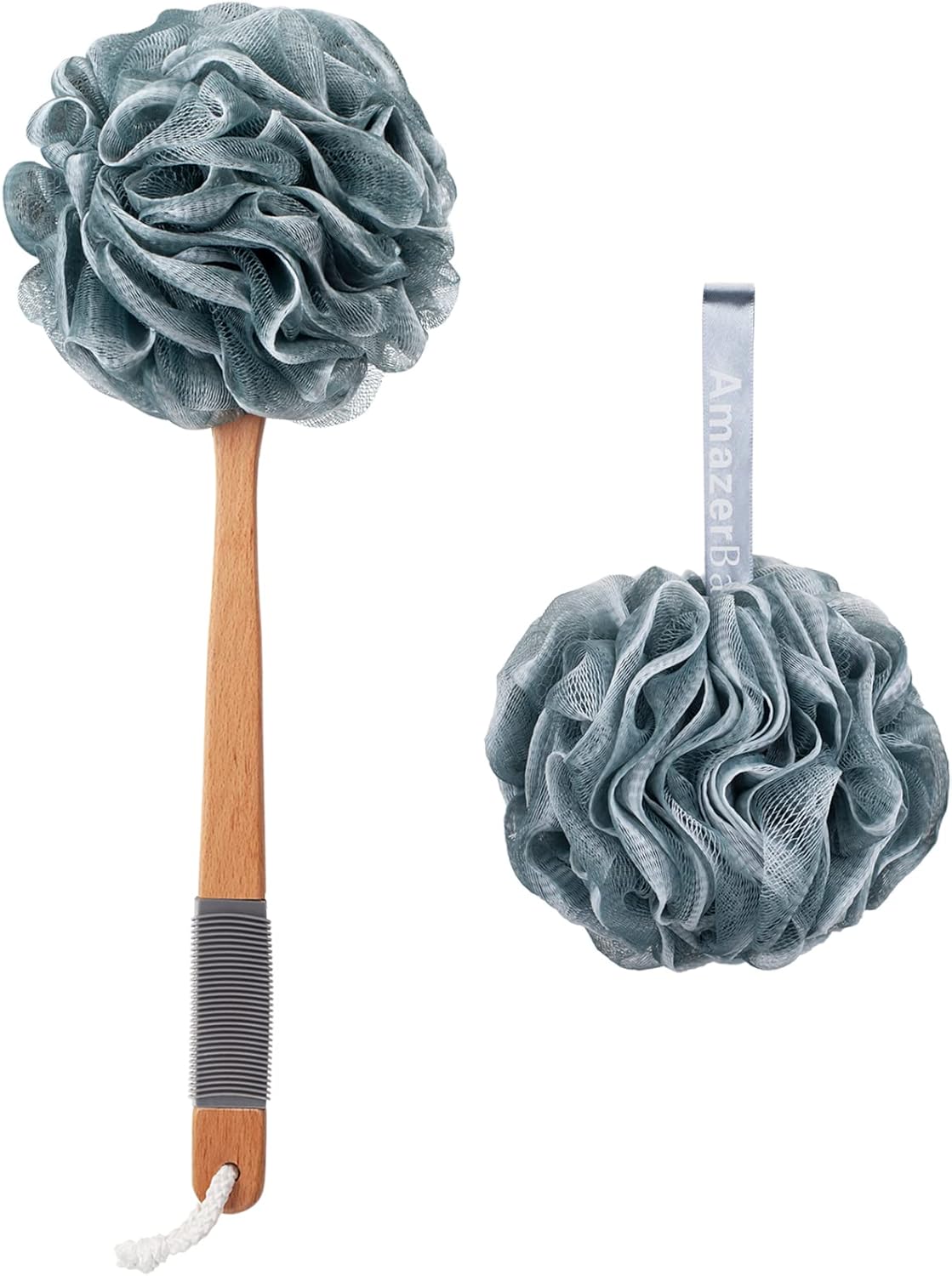 AmazerBath Shower Sponge Loofah Back Scrubber, PE Soft Mesh Loofah Body Scrubber with Long Wooden Handle, Bath Sponge for Men Women (Gray)