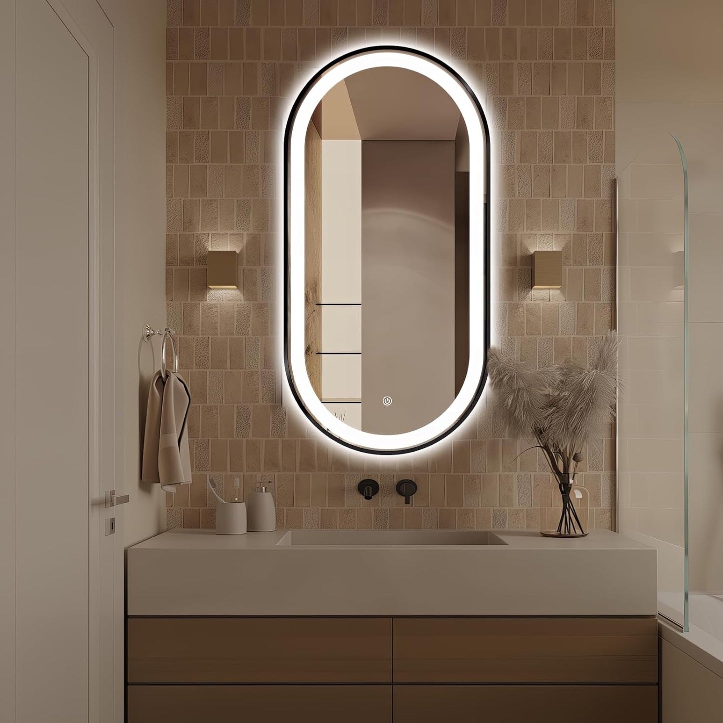 48" x 24" Oval LED Bathroom Mirror with Lights, Black Metal Framed Anti-Fog LED Vanity Mirror, Lighted Bathroom Mirrors Wall Mounted, Stepless Dimmable, Shatter-Proof, Horizontal/Vertical