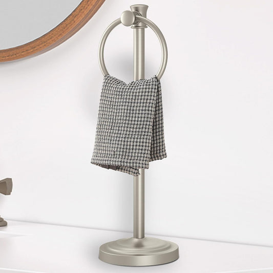 Hoimpro 17 Inch Stand Hand Towel Holder Towel Bar Towel Hanging Ring, Free Standing Floor Hand Towel Rack Storage for Bathroom Kitchen Vanity Countertops, Hardware Accessories(Brushed Nickel)