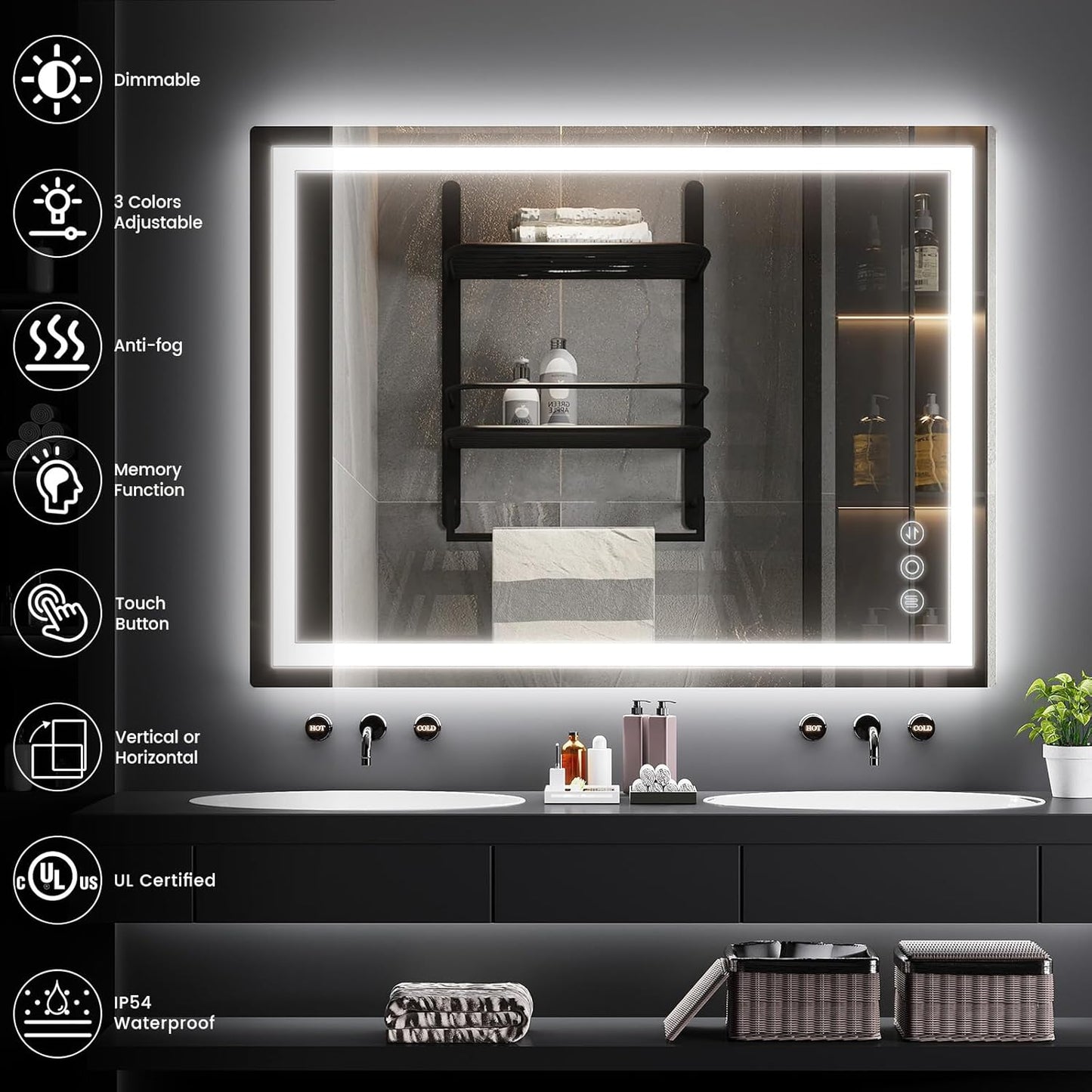 30"x 40" LED Mirror for Bathroom with Frontlit and Backlit, Anti-Fog, 3 Colors Temperature & Dimmable, Wall Mounted Bathroom Mirror