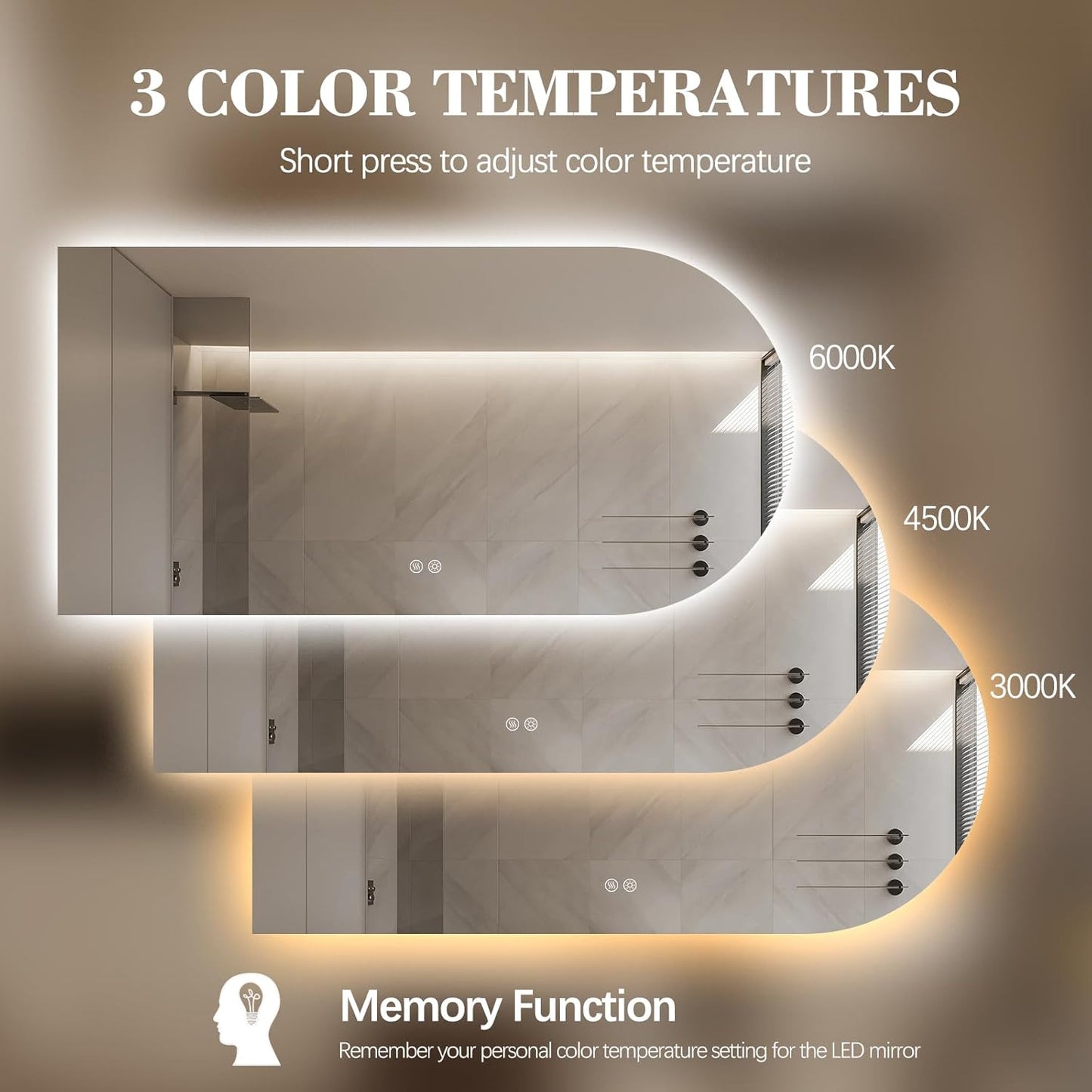 Arched LED Bathroom Mirror, 55"x28" Arch Framless Backlit Mirror with Lights Vanity Mirror for Makeup, Anti-Fog, Dimmable, 3-Color, Memory Function, IP65 Waterproof, UL Listed, Horizontal-Left