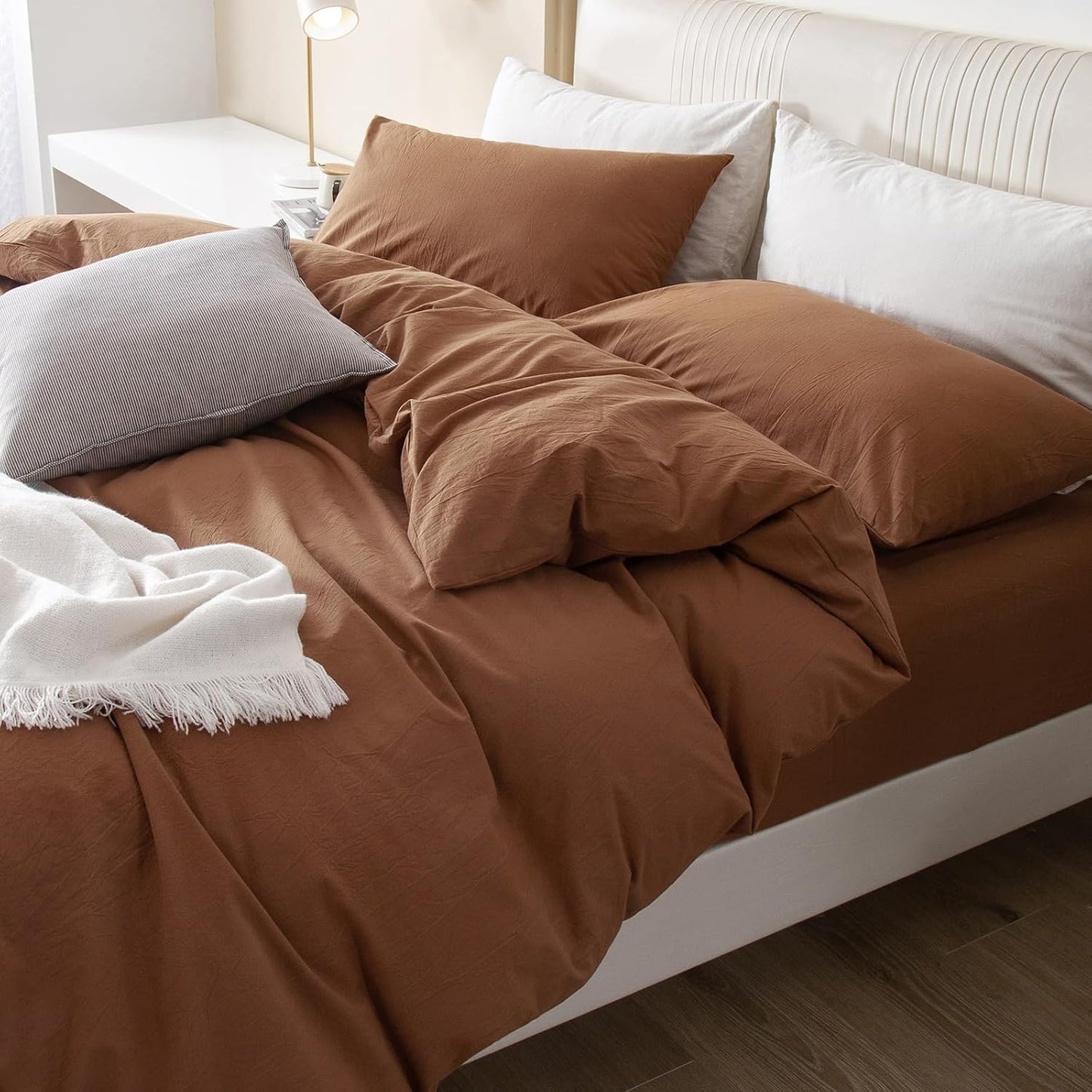 JIYUAN 100% Washed Cotton Duvet Cover Set 3 Pieces Cal King, 1 Duvet Cover 104x98 Inches(Comforter Not Included) and 2 Pillowcases,Linen Feel Bedding Set Comfy and Breathable,Burnt Orange