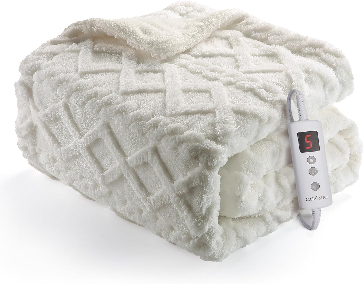 CAROMIO Heated Throw Blanket - Thick Tufted Sherpa Electric Blanket Throw with 10 Heating Levels and 10 Time Settings, ETL Certified Machine Washable Fast Heating Blanket Throw 50"×60", Off White