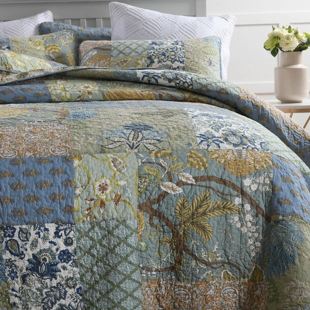 Cotton Bedspread Quilt Bedding Sets 3 Pieces Reversible Coverlet Sets Comforters Rustic Paisley Floral Patchwork Sage Green Bedspread, Queen Size