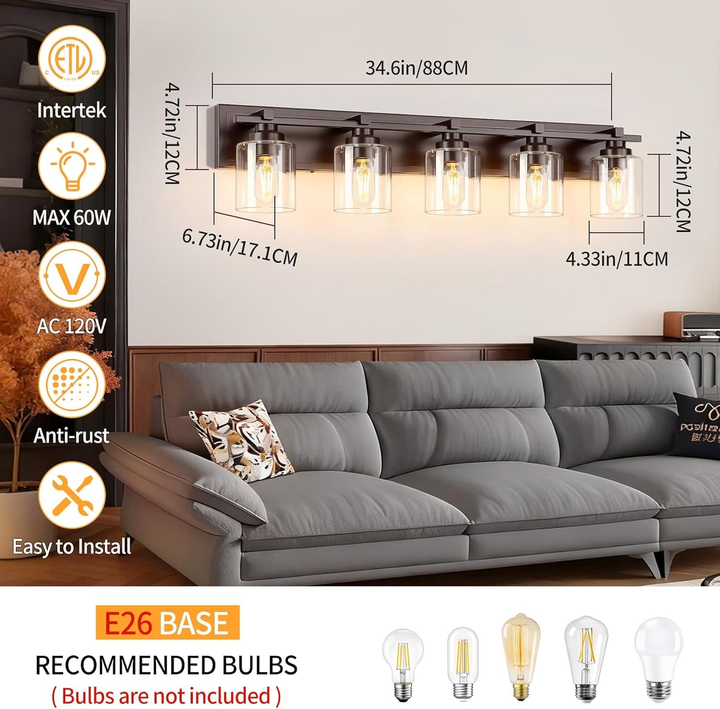 5 Light Modern Bathroom Light Fixtures Over Mirror, Bronze Finish Vanity Lights for Bathroom Wall Sconces with Clear Glass Shades, E26 Socket (Bulbs Not Included)