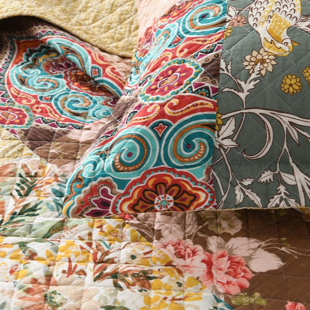 ENASAL Cotton Bedspread Quilt Sets Reversible Bedding Coverlet Sets Luxury Vintage Rustic Gorgeous Paisley Floral Yellow Real Patchwork Bedspread, Queen Size