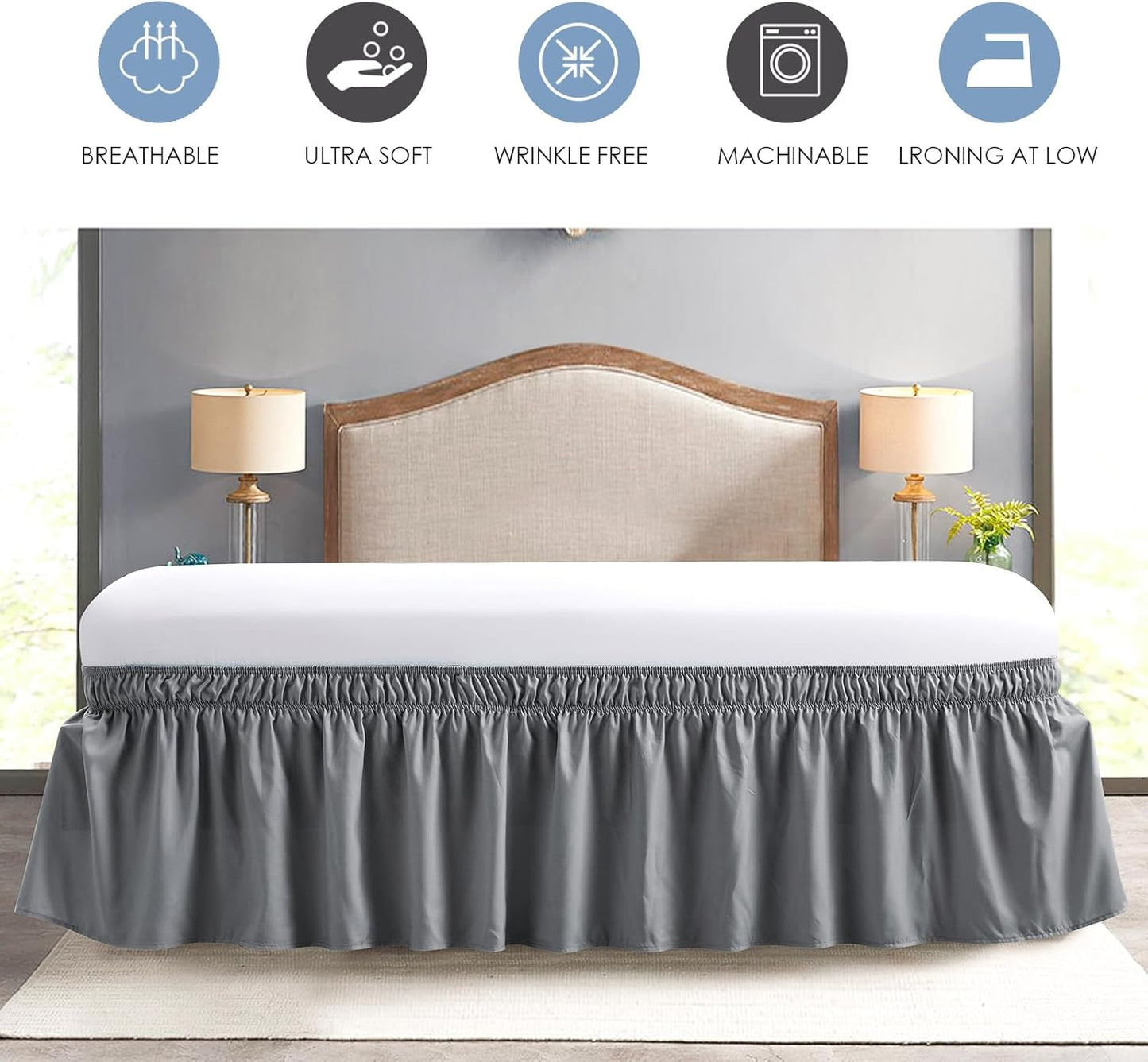FreshCulture King Bed Skirt, Dust Ruffle for King Size Bed, Easy Fit with 18-Inch Tailored Drop, Elastic Wrap Around Bed Skirt King Size, Hotel Quality Bed Skirts for Adjustable Bed (Dark Grey)