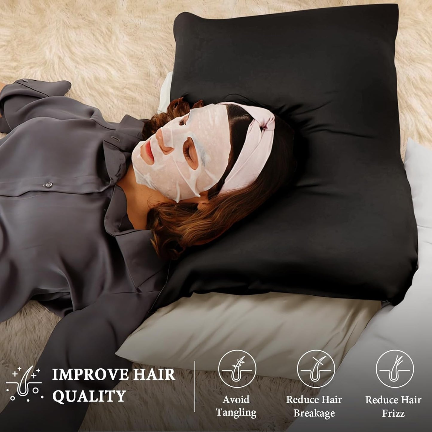 BHZ Satin Goose Down Feather Pillows Standard Size Set of 2 with Black Satin Pillowcase for Hair and Skin, Cooling Pillow Cases Similar to Silk Pillow Cases, Decor for Women, Mom Men