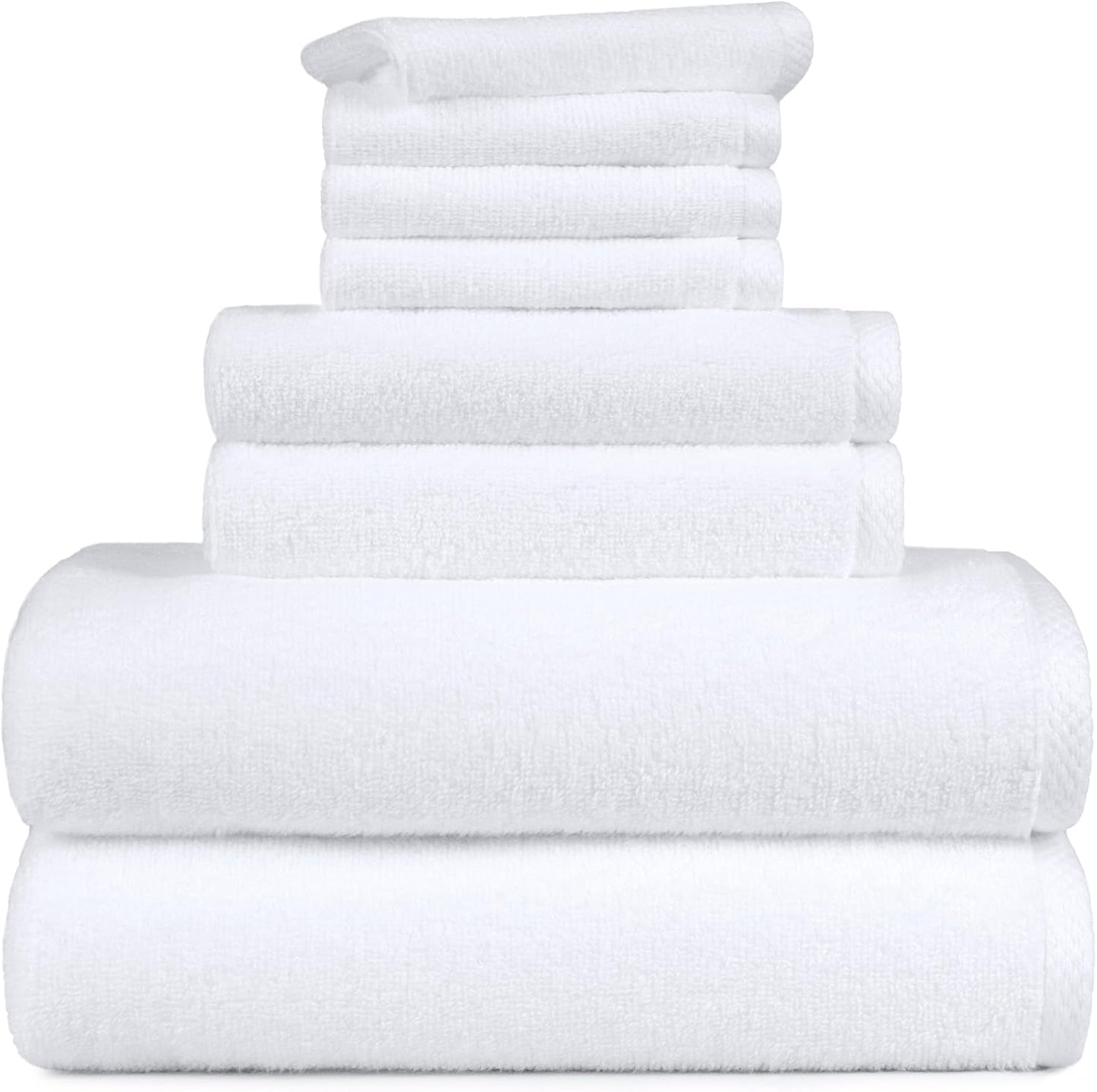 Amazon Basics 100% Cotton Soft Quick-Dry Bath Towel Set, 8-Piece, White, 10" x 7"