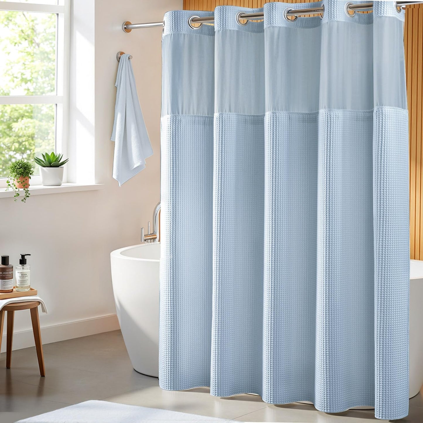 River Dream Misty Blue Fabric Shower Curtain Set, Cotton Blend, Waffle Weave, with Snap in Replacement Liner，71 x 86 inches
