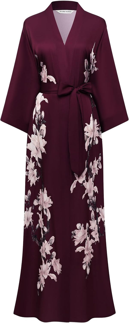 BABEYOND Kimono Robe Cover up with Box Long Floral Satin Sleepwear Silky Bathrobe Bachelorette Robe