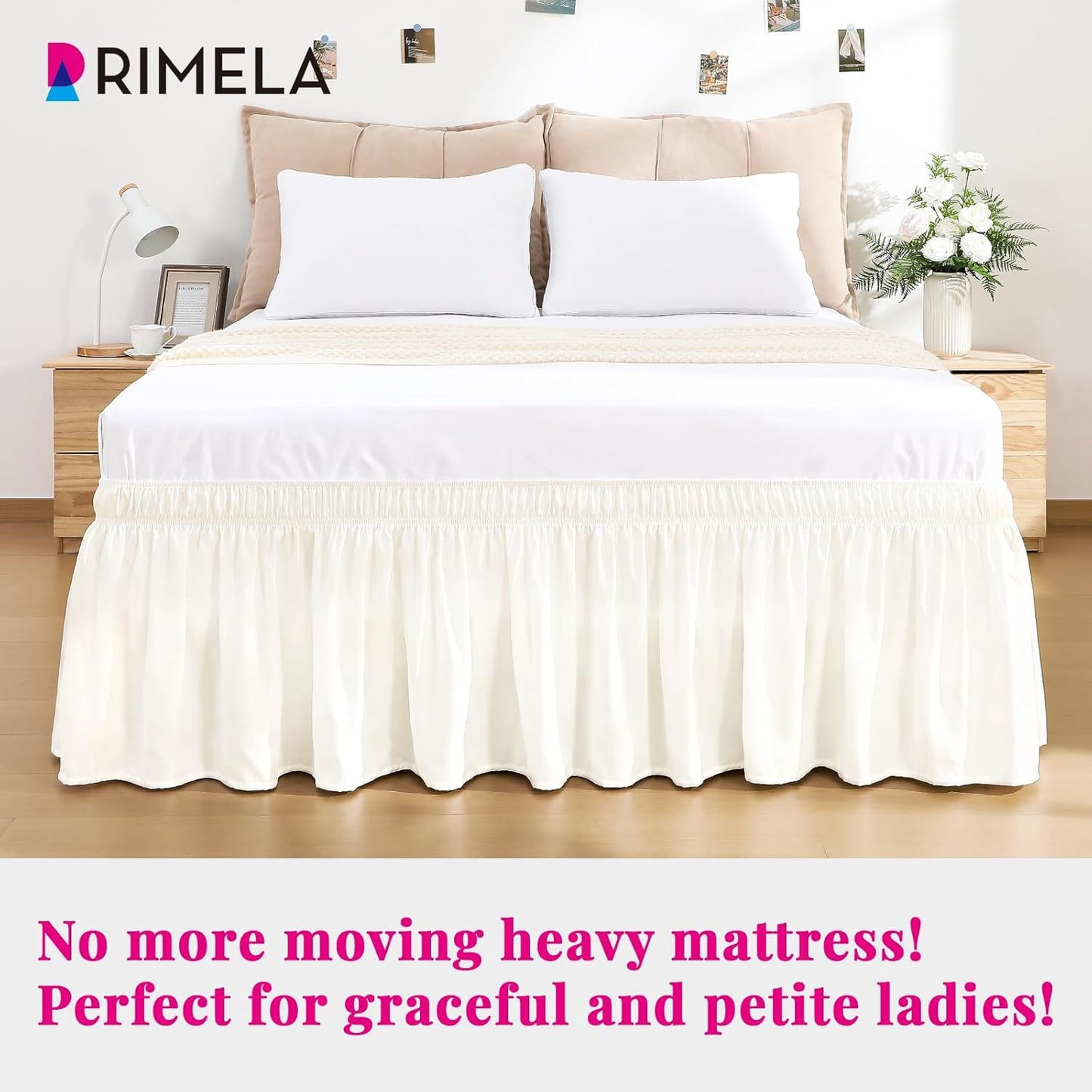 RIMELA Cream White Bed Skirt King Size 15 Inch Drop, Wrap Around Elastic Bedskirt, Dust Ruffle for Adjustable Bed Base Machine Washable Easy to Install Bed Skirts