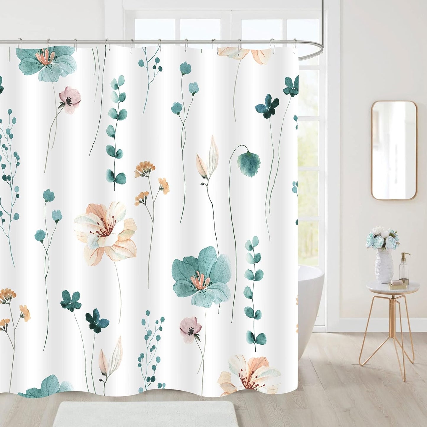Gibelle Long Shower Curtain 72 x 78, Watercolor Floral Fabric Shower Curtain, Teal Beige Flower Decorative Bathroom Shower Curtain Set with Hooks