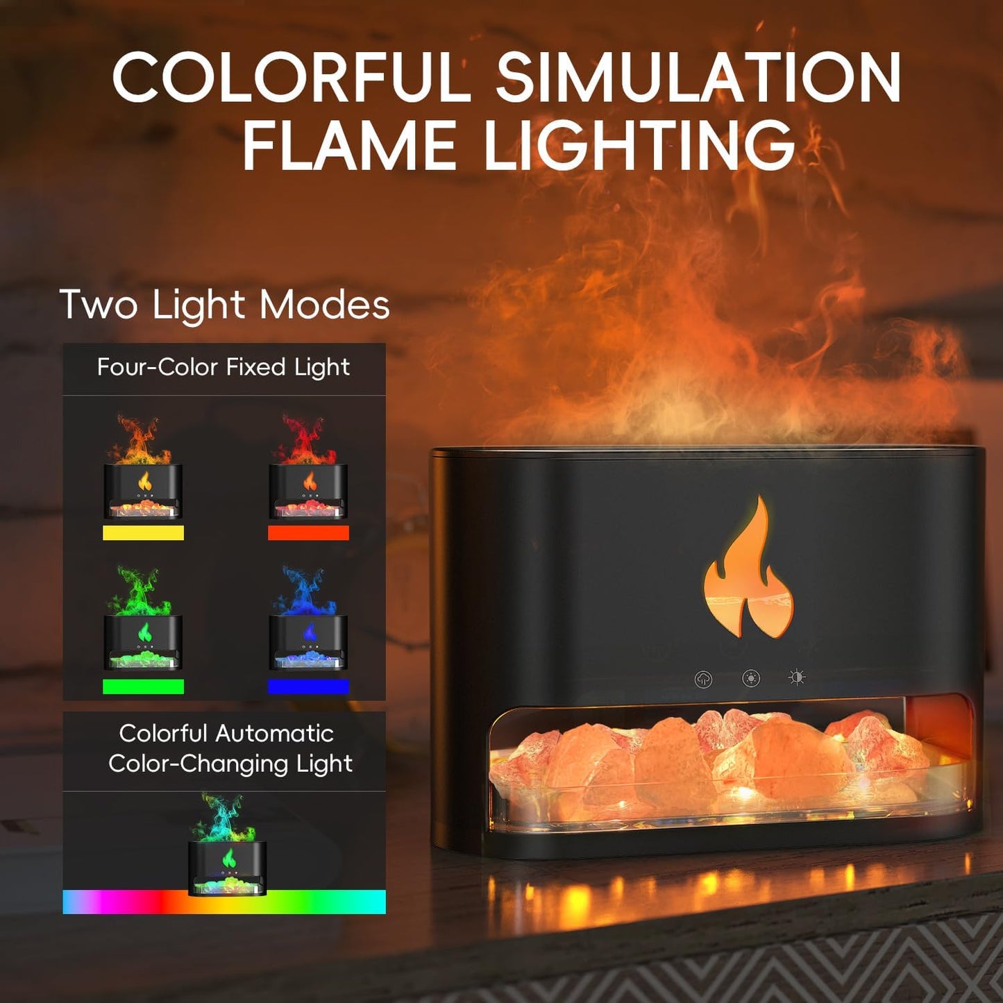 Fireplace Flame Diffuser, Aromatherapy Essential Oil 250ml Himalayan Salt Lamp Cool Mist Ultrasonic Humidifier for Bedroom,Office,Home, Auto Shut-Off, Night Light (Black), (M23)