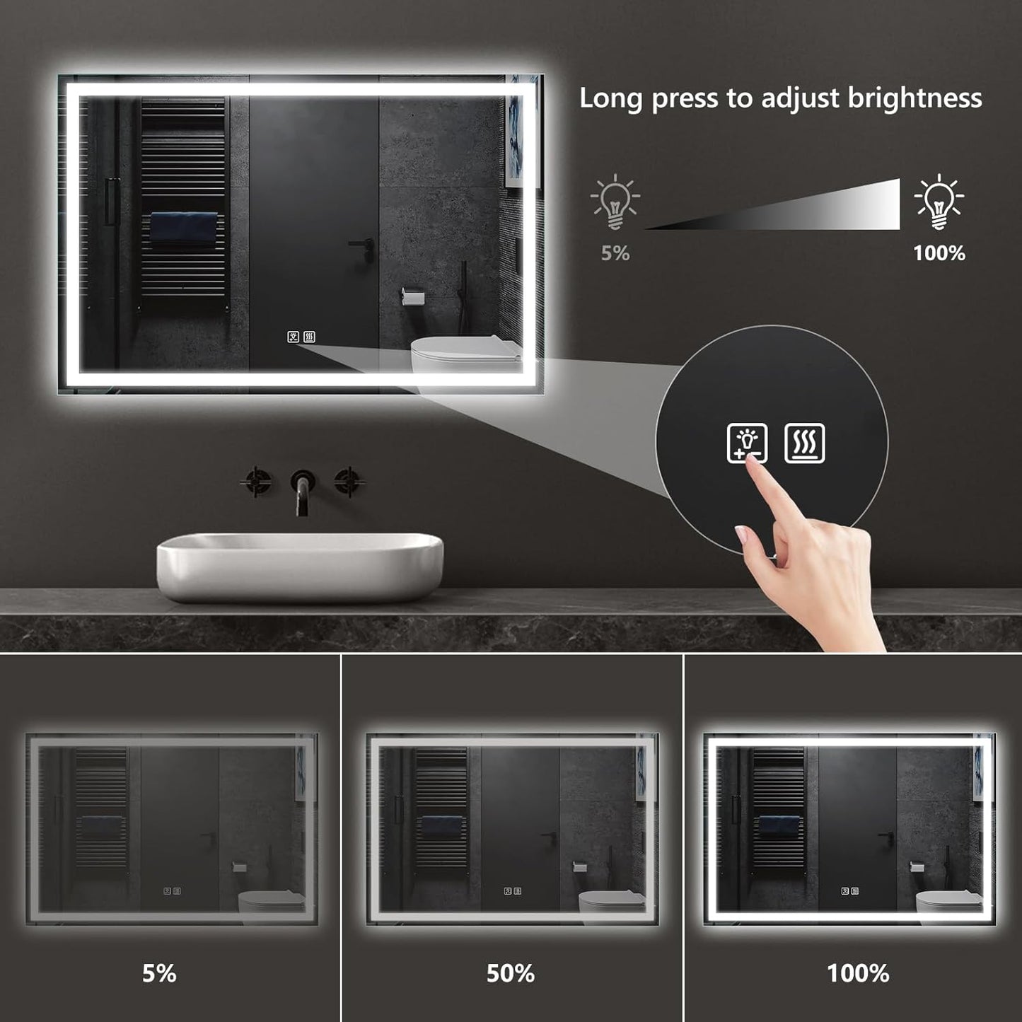 APRILSOUL 40x32 Inch LED Bathroom Mirror with Front and Backlit, Makeup Mirror with 3 Color Lights, Memory Function, Anti-Fog and Dimmable Light (Horizontal)