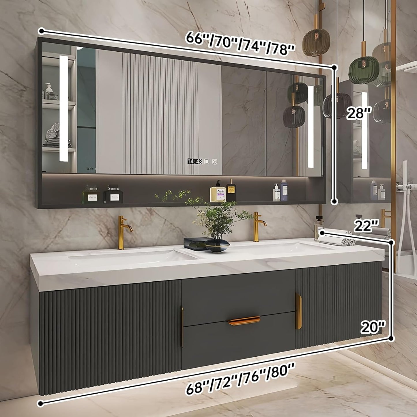 Bathroom Vanity with Double Sink, Modern Bathroom Vanities Compo Includes LED Smart Defogging Mirror Cabinet and Open Shelf, Solid Wood Bathroom Sink Vanity with Slate Countertop (Dark Grey,68")