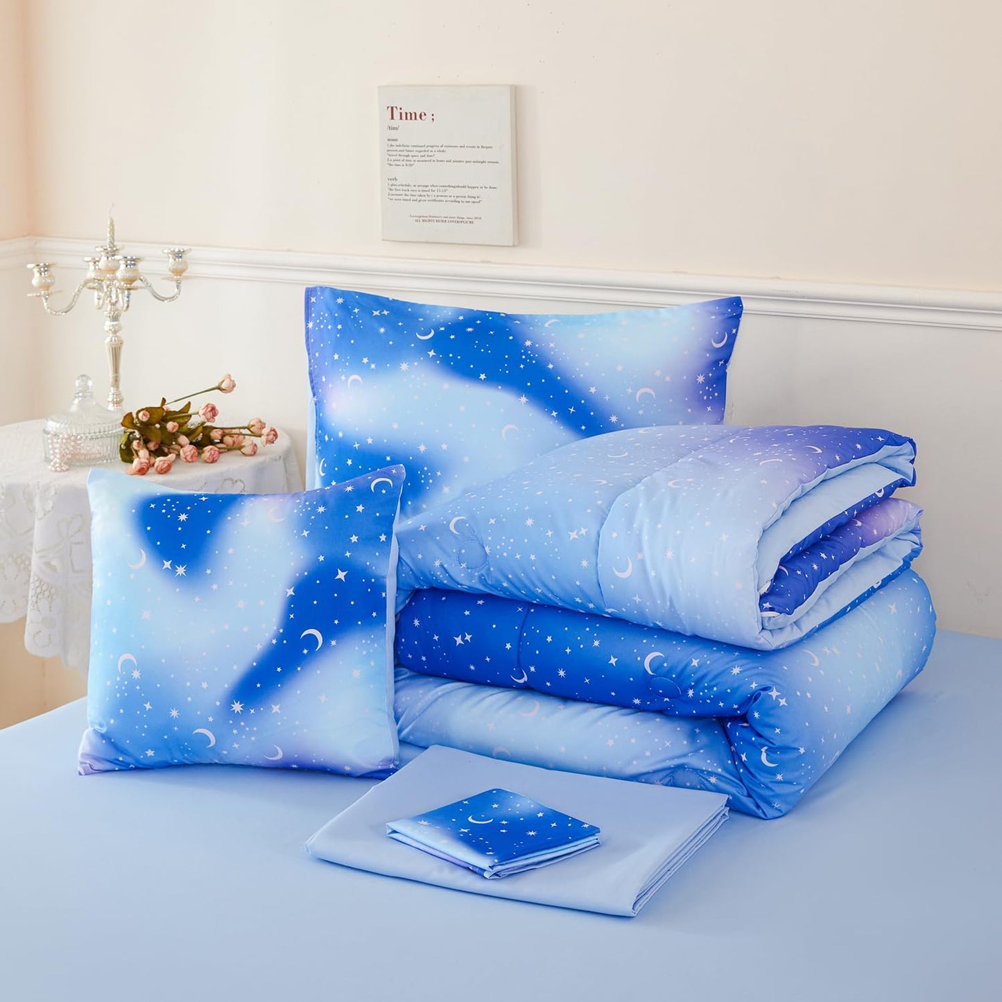 URBONUR 6Pcs Gradient Glitter Comforter Set for Girls Full Size Blue Galaxy Kids Bedding Set for Boys Comforter Sets Soft Bed in A Bag Full (Ombre Blue)