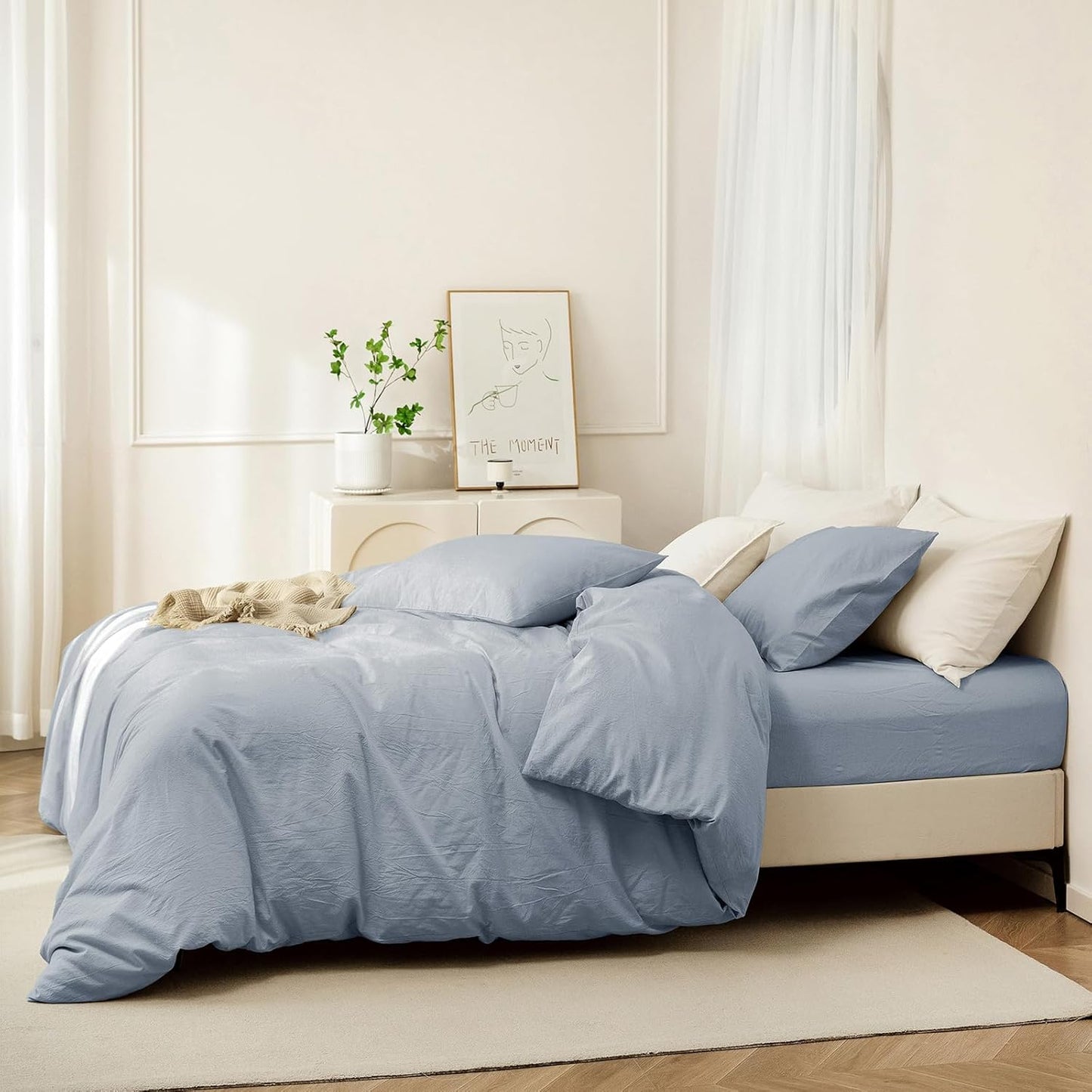 JIYUAN 100% Washed Cotton Duvet Cover Set 3 PCS Oversized Queen, 1 Duvet Cover 98"x98" (Comforter Not Included) and 2 Pillowcases,Linen Feel Bedding Set Comfy and Breathable, Heathered Light Blue