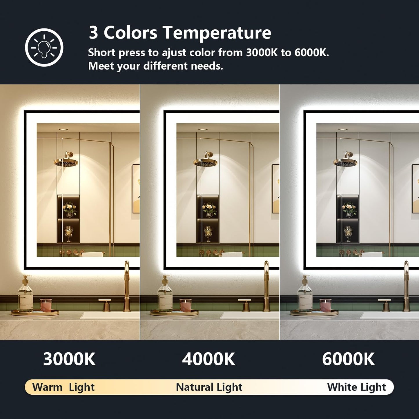 40x30 Inch LED Bathroom Mirror with Lights (Front Lit and Backlit) Black Framed Lighted Vanity Mirror for Bathroom Wall Dimmable Anti-Fog Memory Tempered Glass Horizontal/Vertical