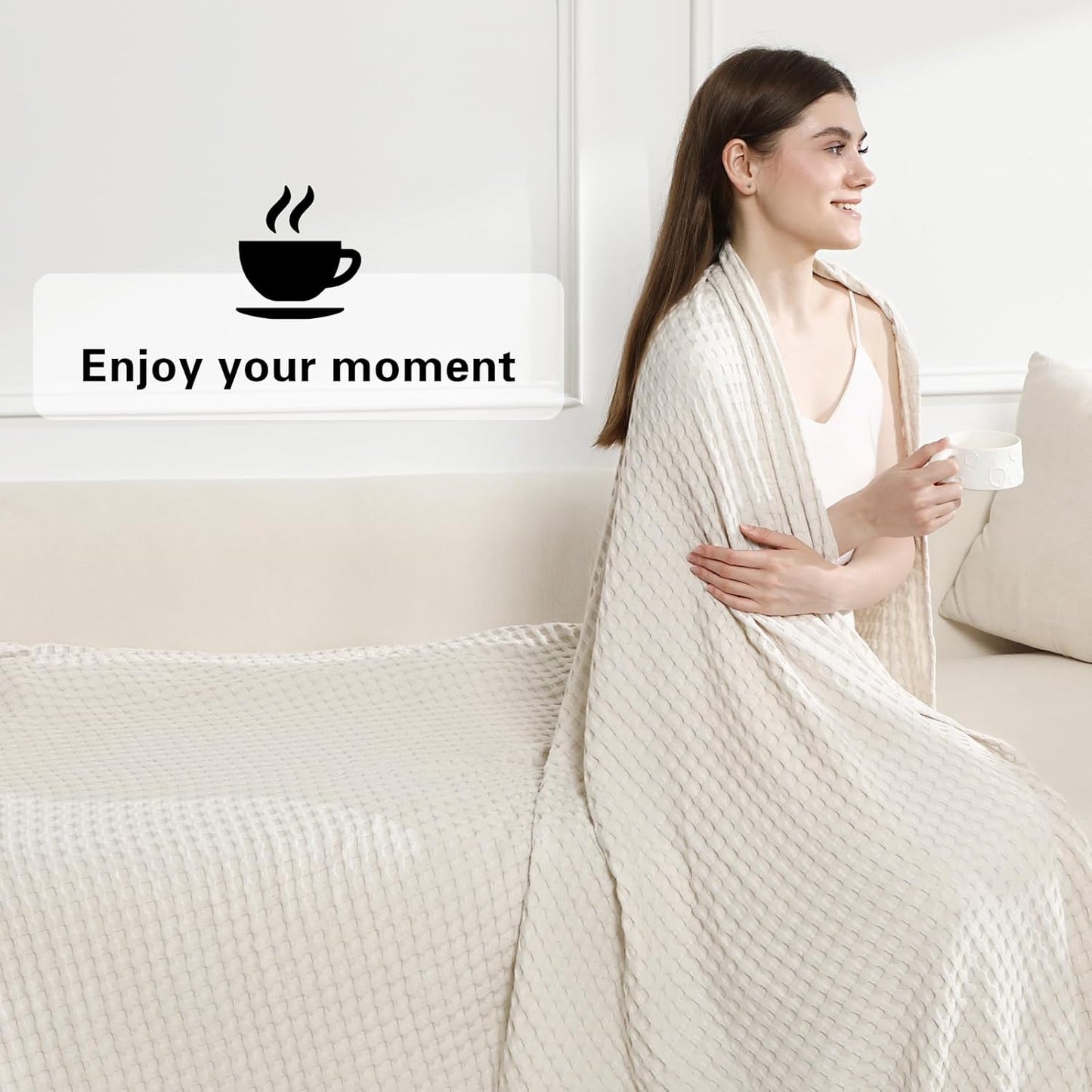 Aganear Waffle Blanket - Lightweight Breathable Summer Blanket of 50% Cotton and 50% Rayon Derived from Bamboo for Hot Sleepers Luxury Throws for Bed, Couch and Sofa,Beige,66x90 Inches