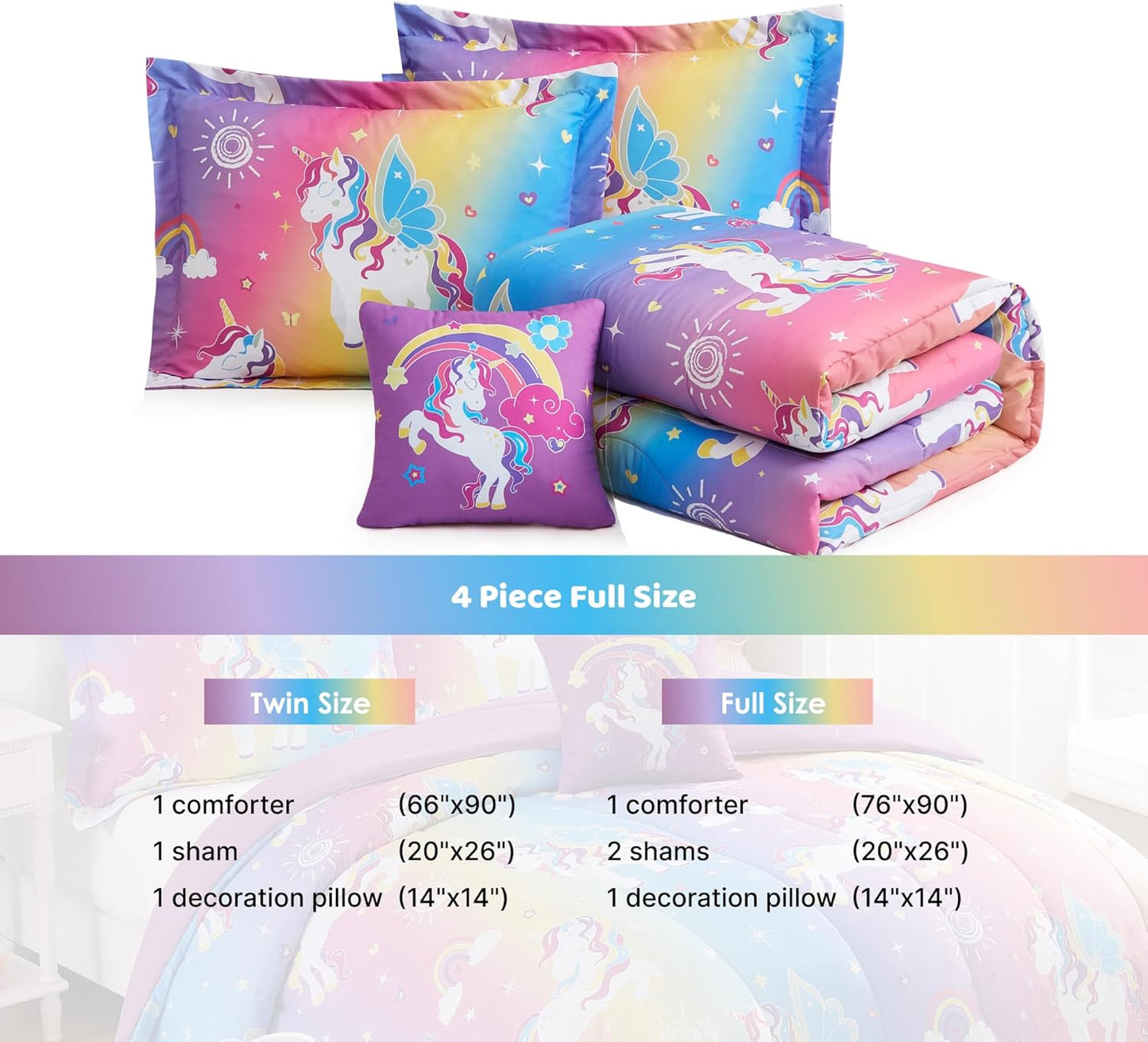 Full Size Comforter Set for Girls-4 Pieces Rainbow Unicorn Full Bedding Sets for Kids, 1 Comforter, 2 Shams and 1 Decor Pillow