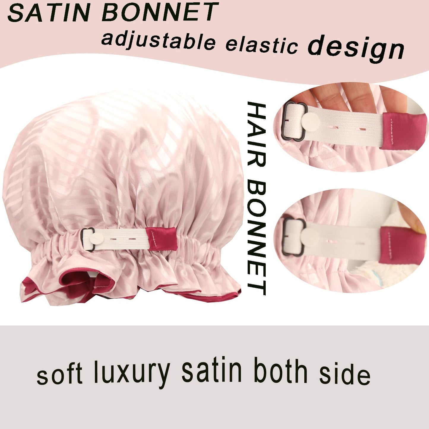 Satin bonnet 2Pcs silk hair bonnet cap for women reversible for sleeping Adjustable Night sleep cap for curly natural hair double-layer Washable Can Be Used Shower (Pink &Purple stripe)