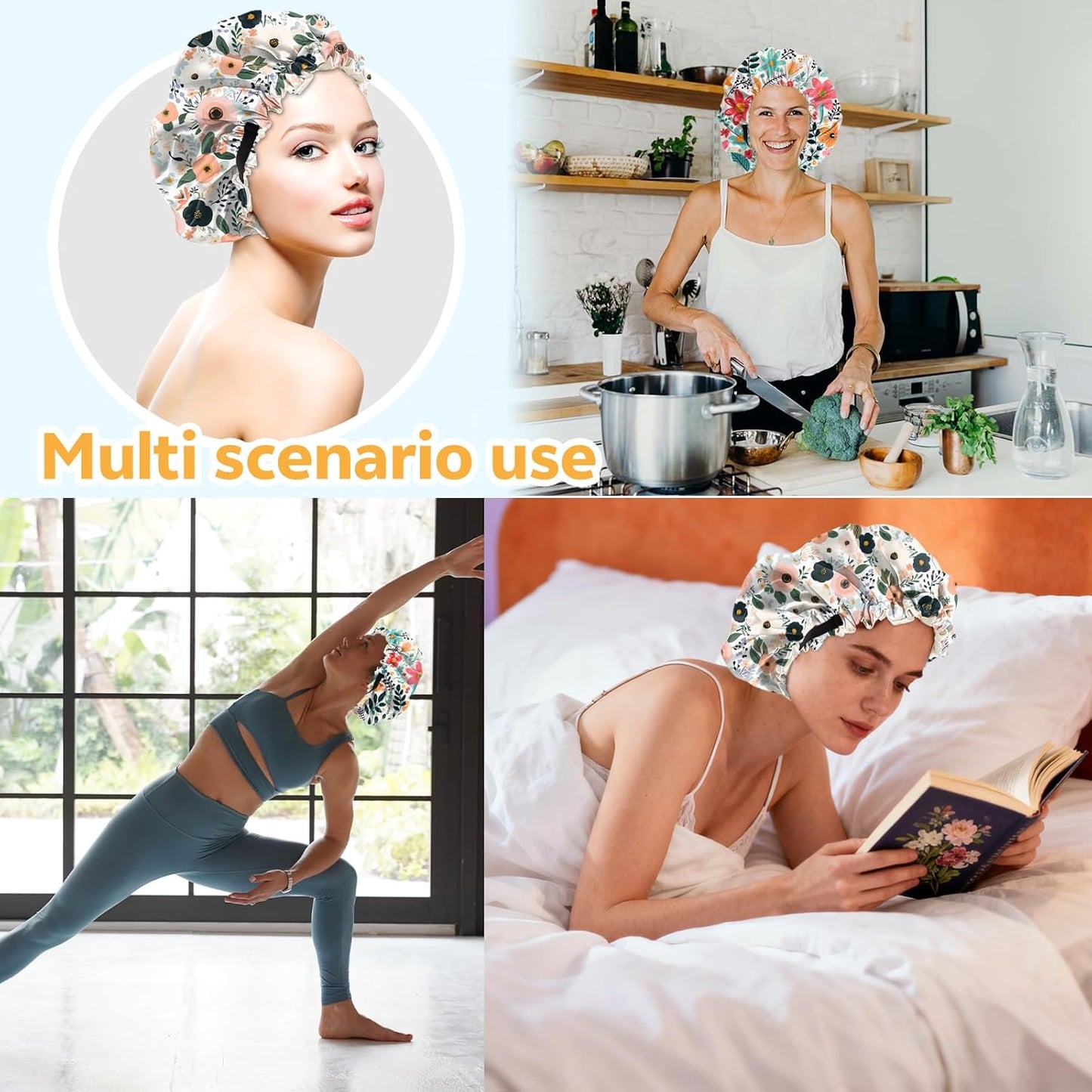 2 PCS Bonnets for Women Girls Satin Hair Bonnet Silk Adjustable Elastic Double Layer Hair Wrap Sleep Cap Comfort Cute-Flower