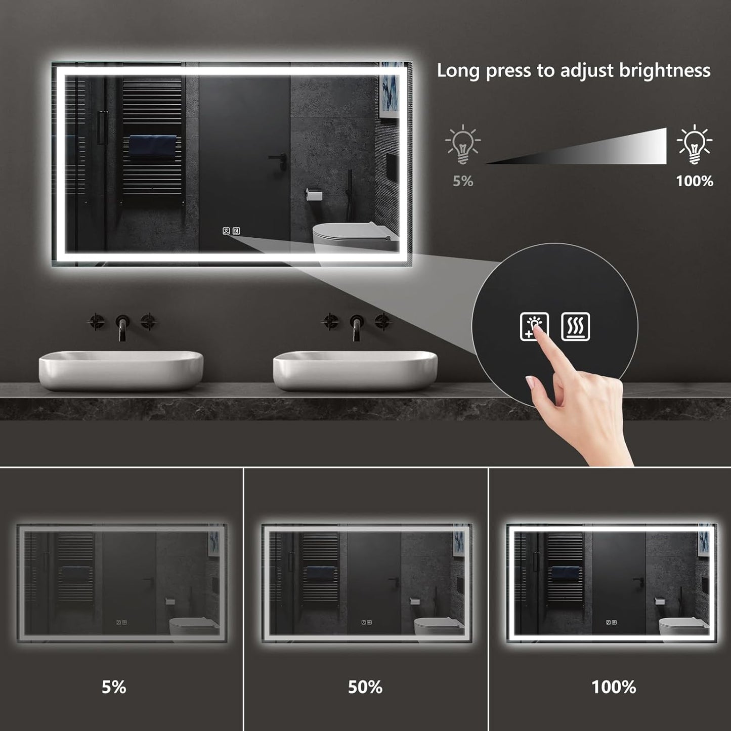 APRILSOUL 72x30 Inch LED Bathroom Mirror with Front and Backlit, Makeup Mirror with 3 Color Lights, Memory Function, Anti-Fog and Dimmable Light (Horizontal)