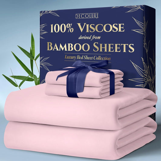 DECOLURE 100% Viscose Derived from Bamboo Sheets King Size 4pcs - Ultra Soft & Luxuriously Cooling, 17" Deep Pocket, Double Stitching, Perfect for Hot Sleepers - King Bed Sheets (Light Pink)