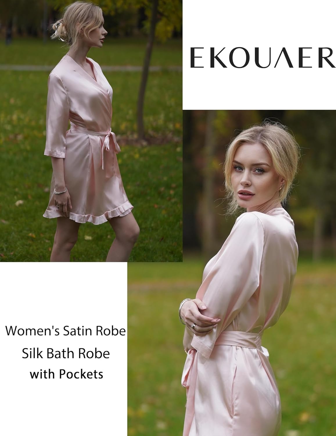 Ekouaer Women's Satin Robes Silk Kimono Bath Robe Short Ruffled Hem Bride Bridesmaid Sleepwear with Pockets