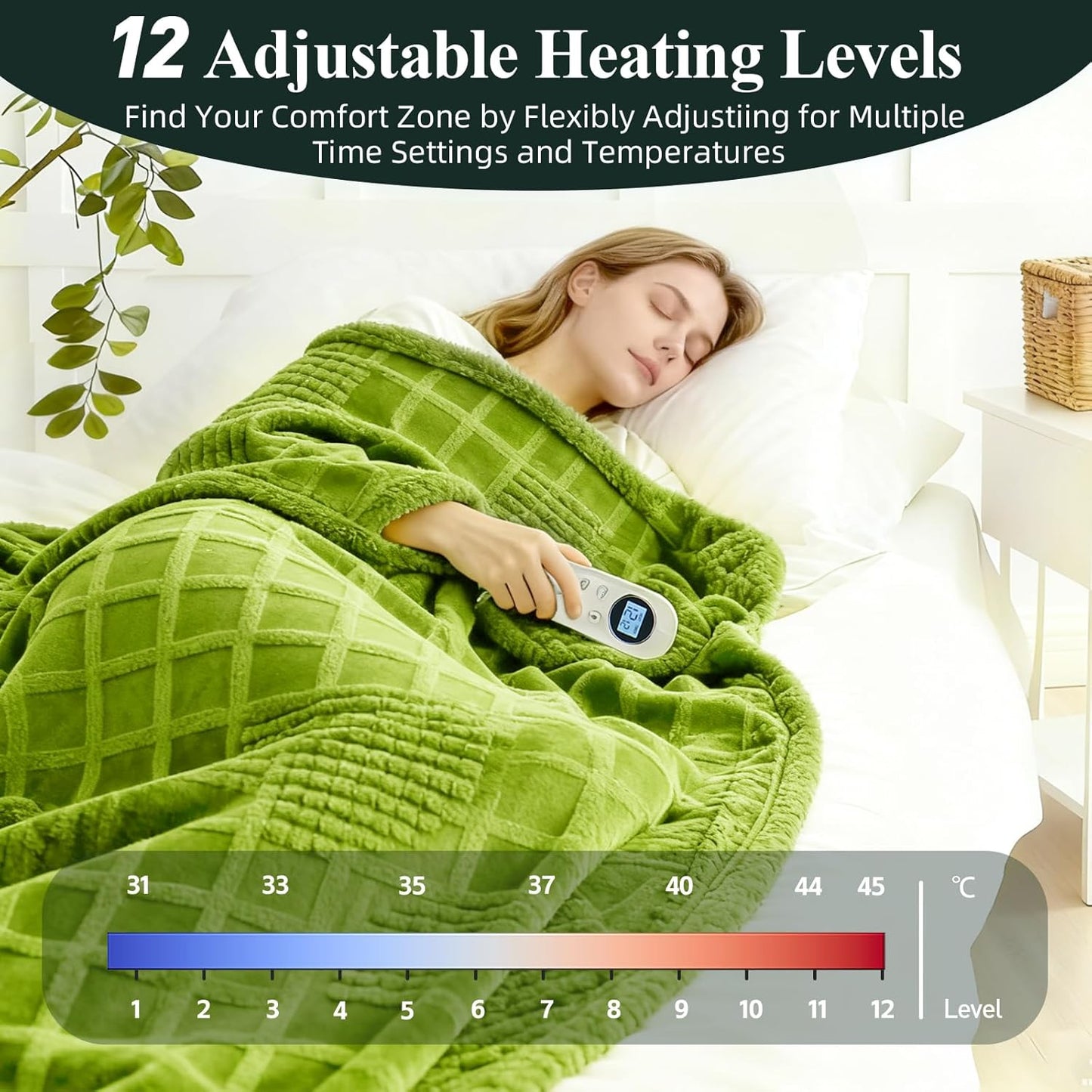 Heated Blanket Electric Throw, 50"X60" Heating Blanket Waffle with 12 Heat Levels, Fast Heating Blanket with 1-12 Timer with ETL & FCC for Bed Home Office Sofa (Trend Green)
