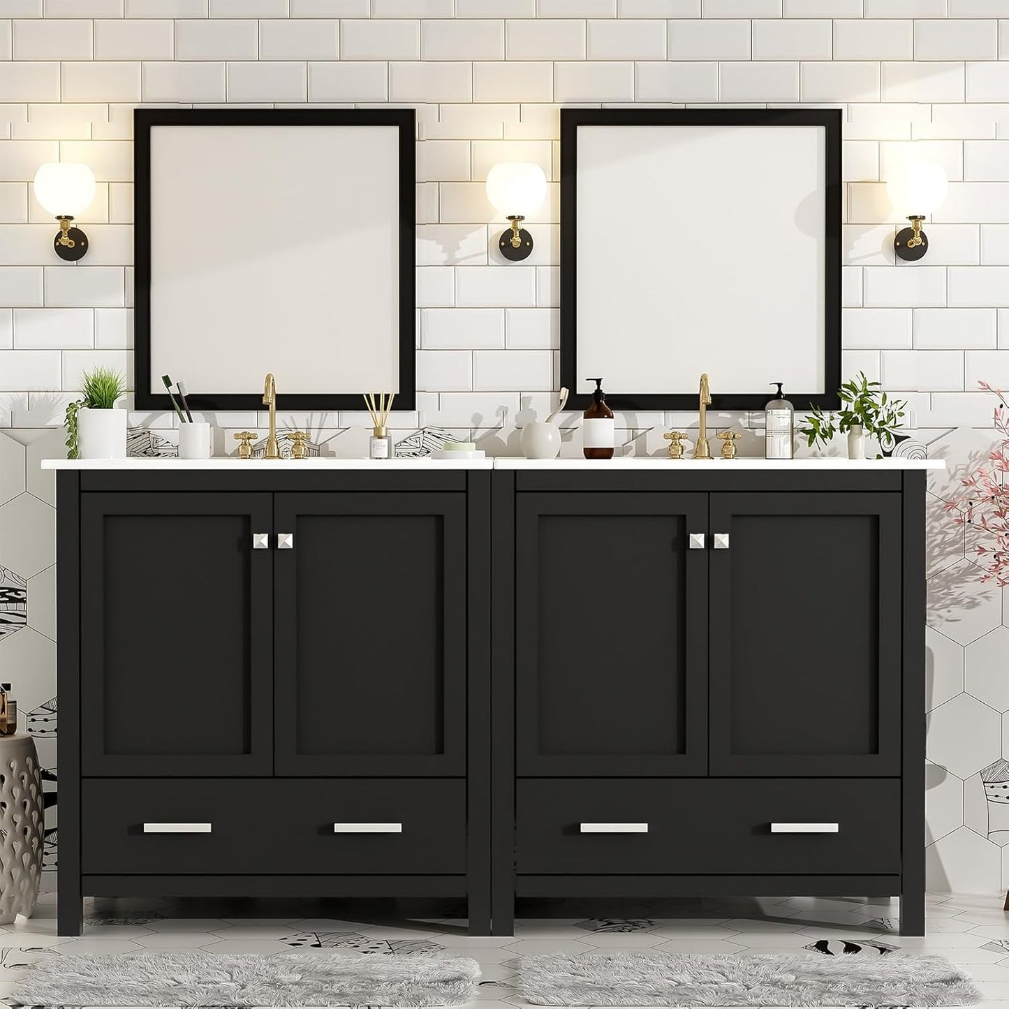 60" Bathroom Vanity Set with Double Vanities, Double Ceramic Sinks, Storage Shelf, Soft Closing Doors, Divided Drawers (Mirror not Included), Large Bathroom Vanity Sink Set (Black)