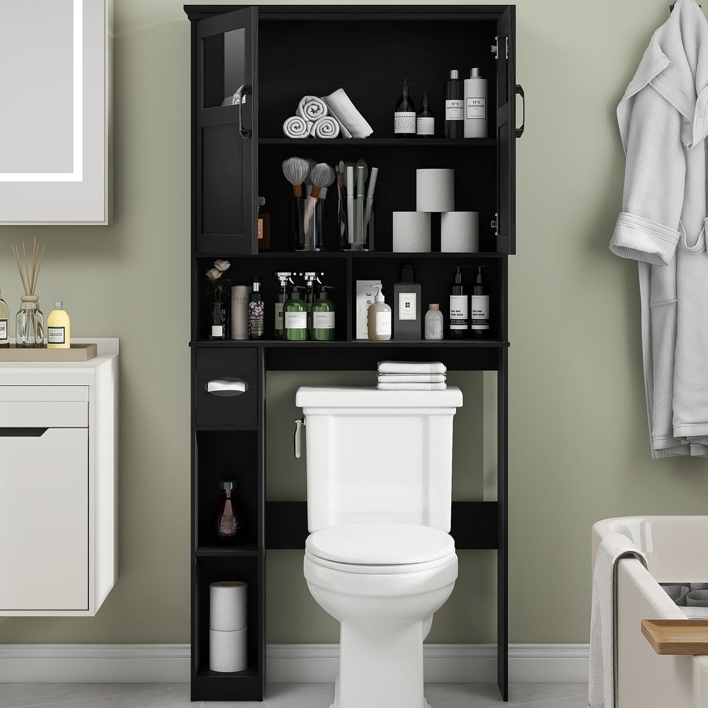 Vabches Over The Toilet Storage Cabinet, Storage Cabinet Over Toilet with Double Doors & Toilet Paper Holder Stand, Freestanding Toilet Shelf Space Saver with Anti-Tip Design & Adjustable Shelf, Black