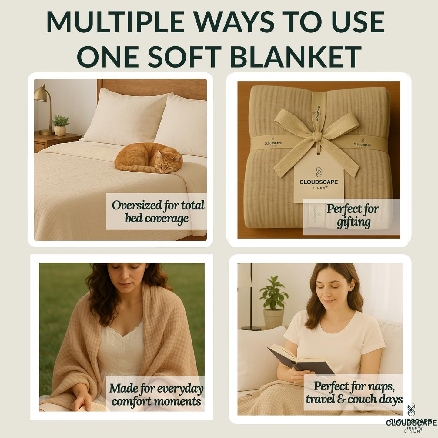 Cloud Scape Linen 8-Layer Muslin Blanket Queen Size - 100% Cotton, Soft and Breathable, Oversized Winter Blanket, Fits up to Full Size Bed, 92x92, Fog