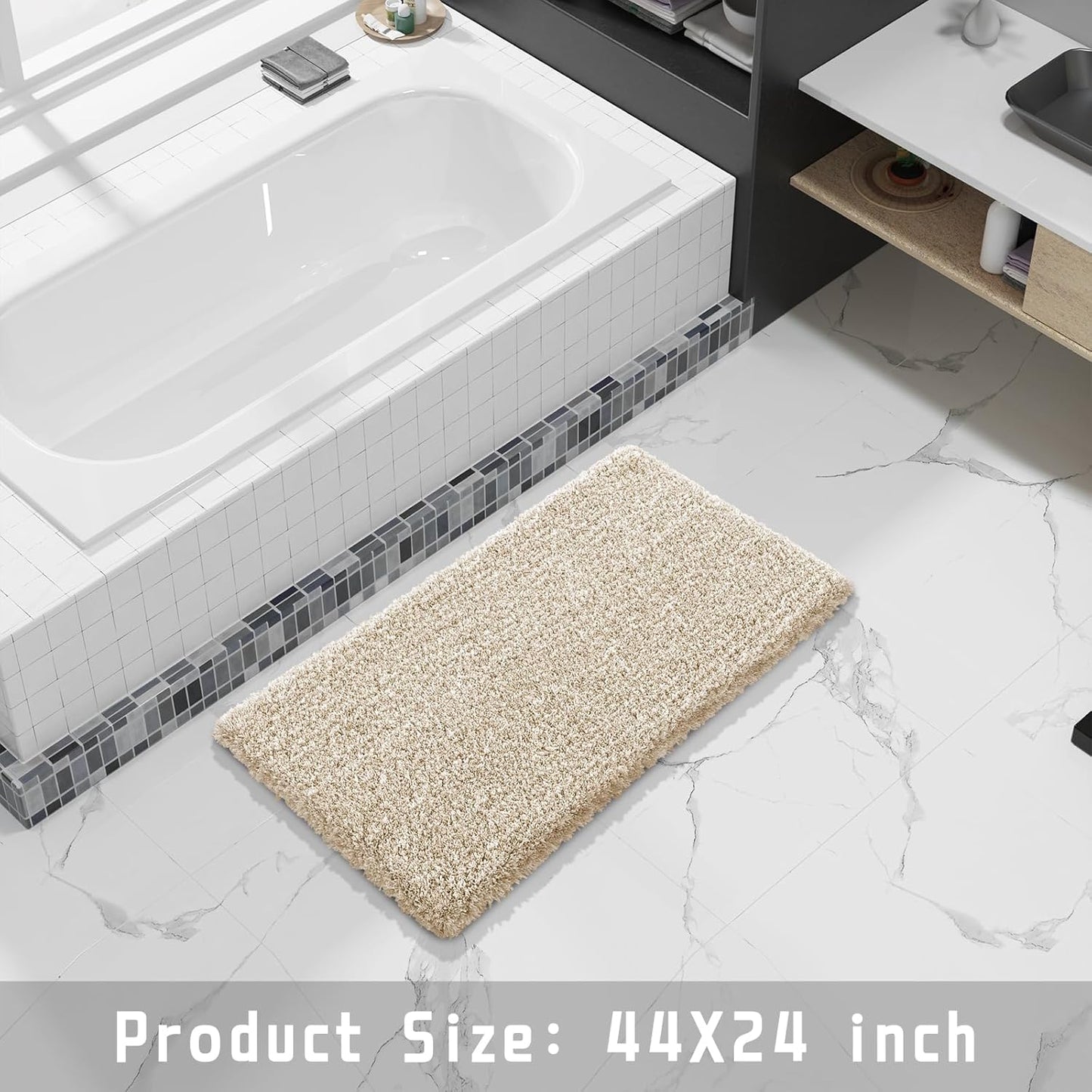 Yimobra Fluffy Plush Bath Rug, Shaggy Soft Comfortable Non Slip, Water Absorbent Microfiber Bath Mat, Dry Quick, Machine Washable Thick Bathroom Floor Rugs for Shower, 44"x 24", Light Beige and White