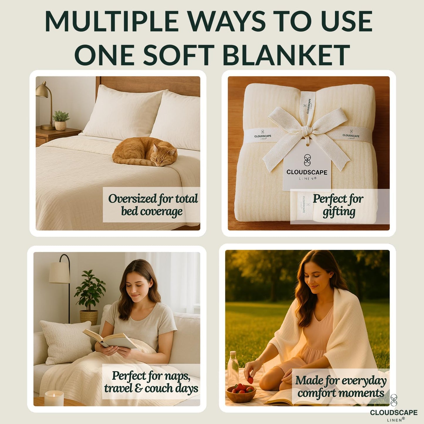 Cloud Scape Linen 8-Layer Muslin Blanket King Size for Adult - 100% Cotton, Breathable and Soft, Perfect Winter Cozy Blanket, Fits up to California King Bed, 92x108, Ivory