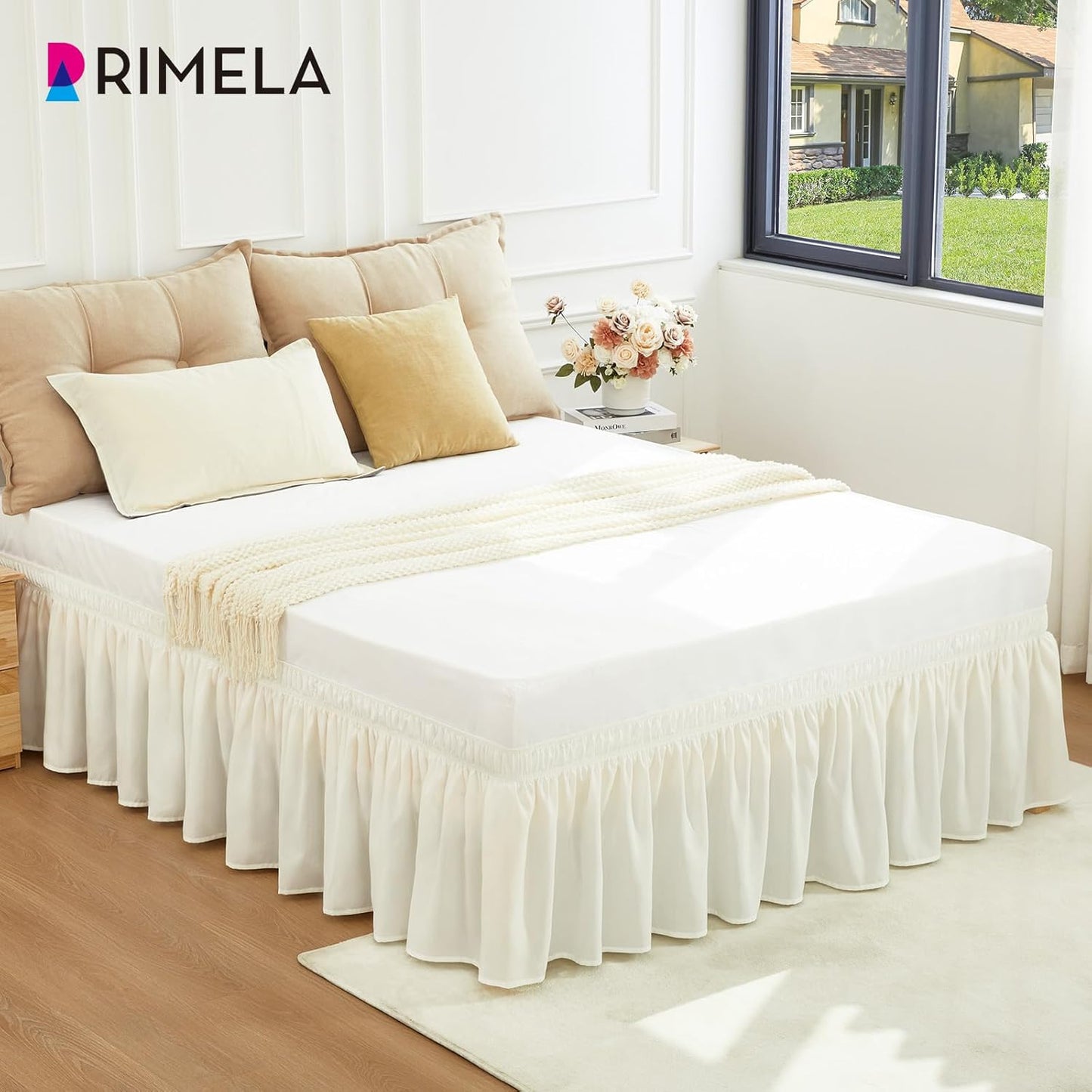 RIMELA Ivory White Bed Skirt King Size 12 Inch Drop, Wrap Around Elastic Adjustable Bedskirt, Soft Durable Fabric Machine Washable Easy to Install Bed skirting Dust Ruffle for Bed Frame & Box Spring