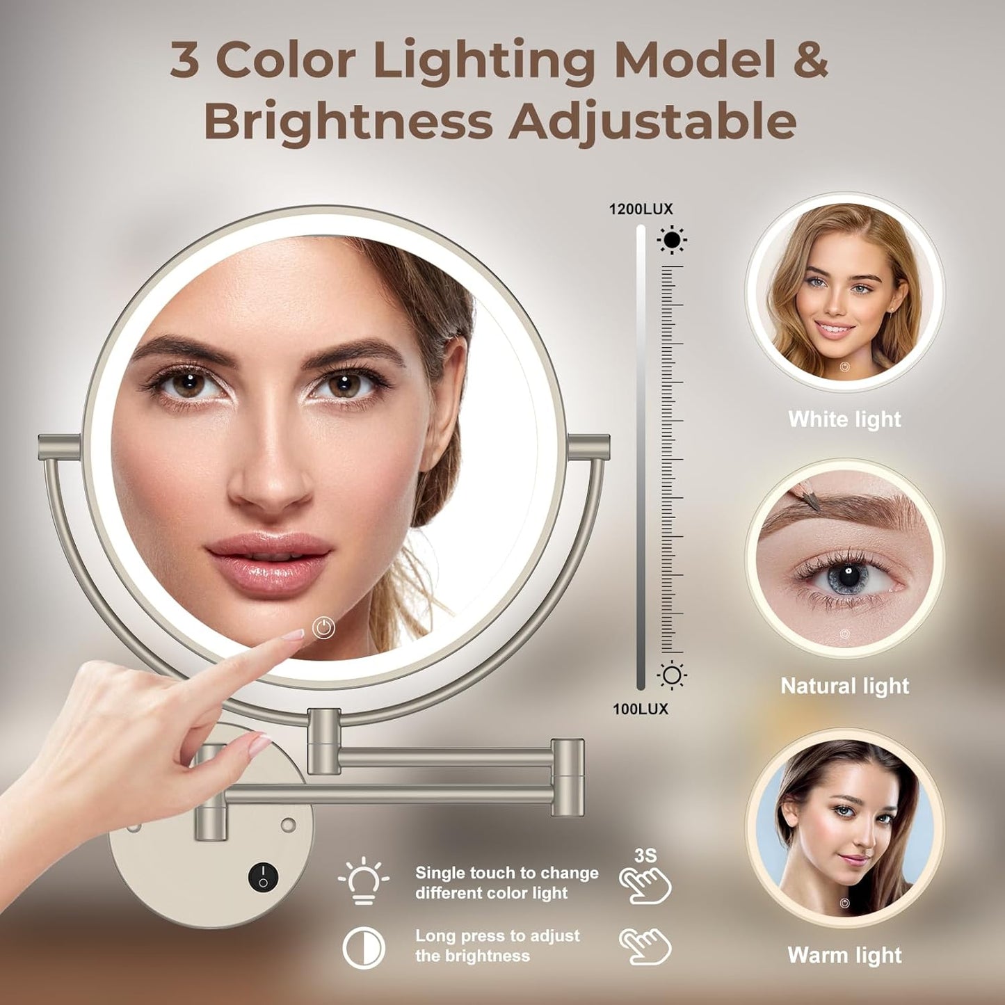 Rocollos 9" Plug-in Wall Mounted Lighted Makeup Mirror 1X/10X Magnification, Super Large Double Sided LED Vanity Mirror for Bathroom, 3 Color Dimmable 360°Swivel Extendable Shaving Cosmetic Mirror